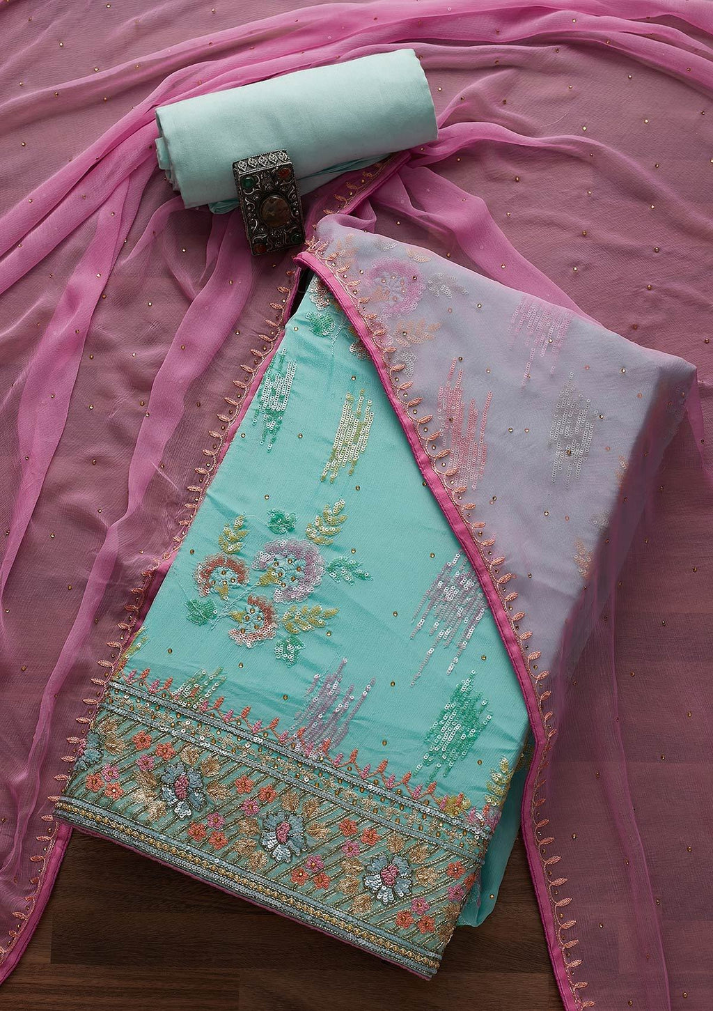 Sea Green Sequins Semi Crepe Unstitched Salwar Suit