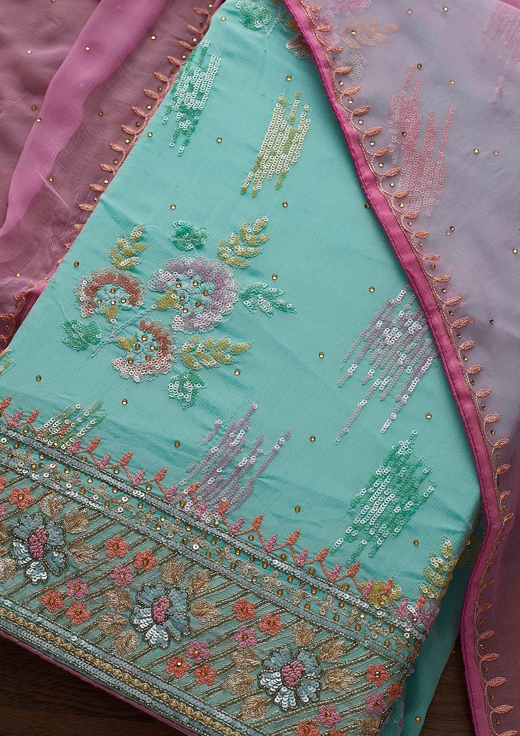 Sea Green Sequins Semi Crepe Unstitched Salwar Suit
