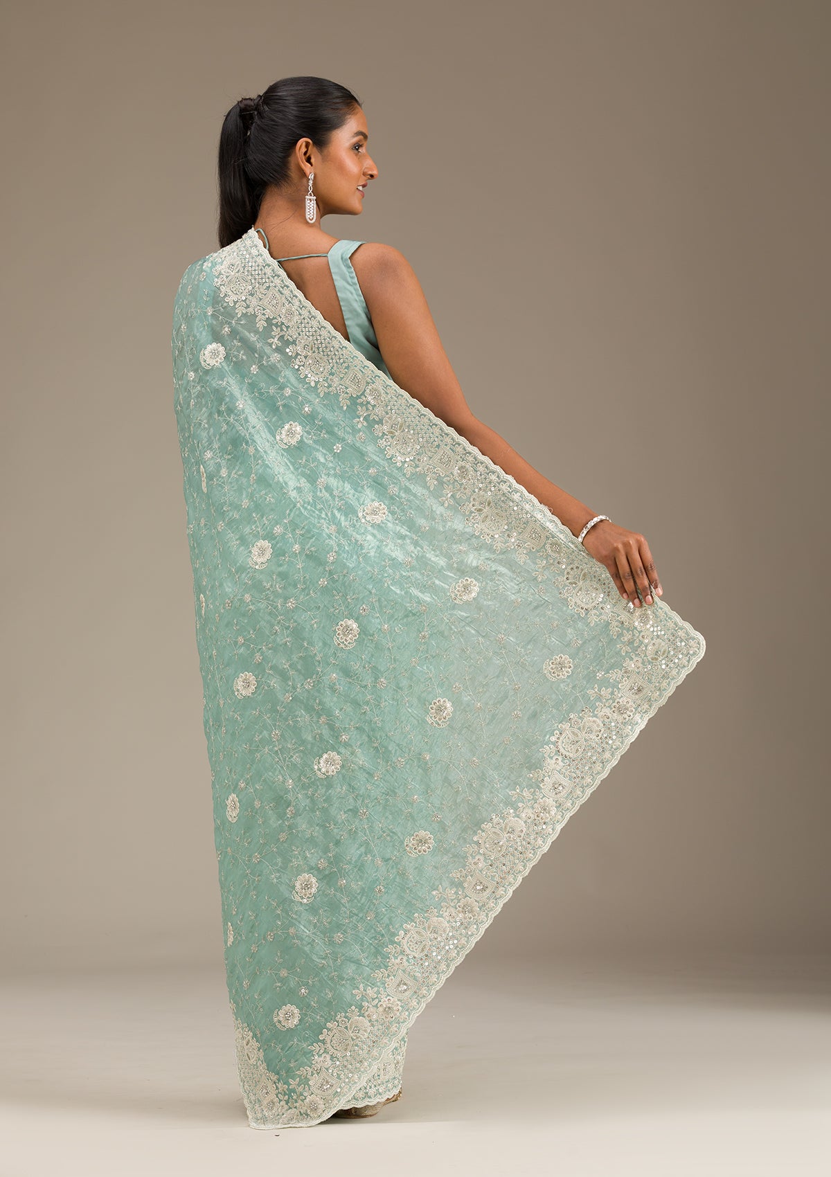 Sea Green Sequins Tissue Saree