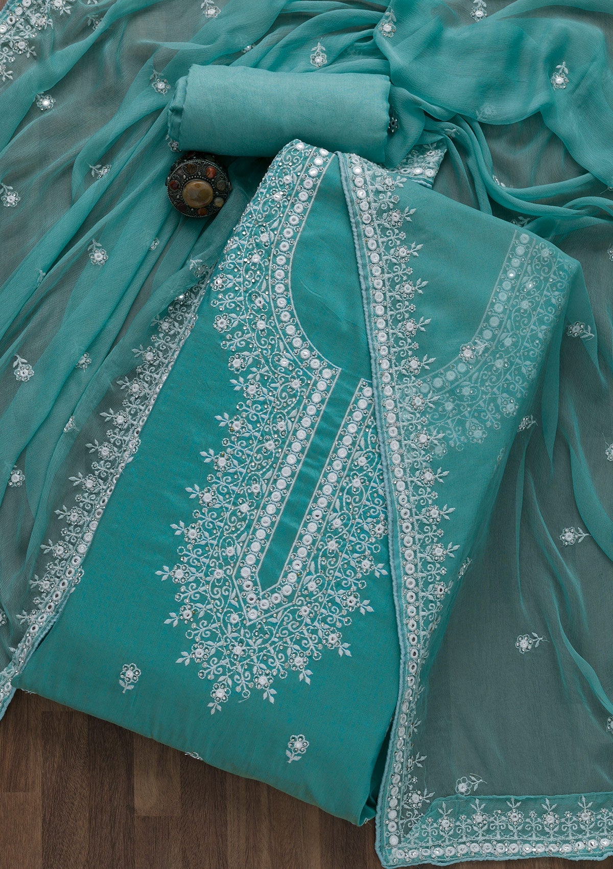 Sea Green Stonework Cotton Semi-Stitched Salwar Suit