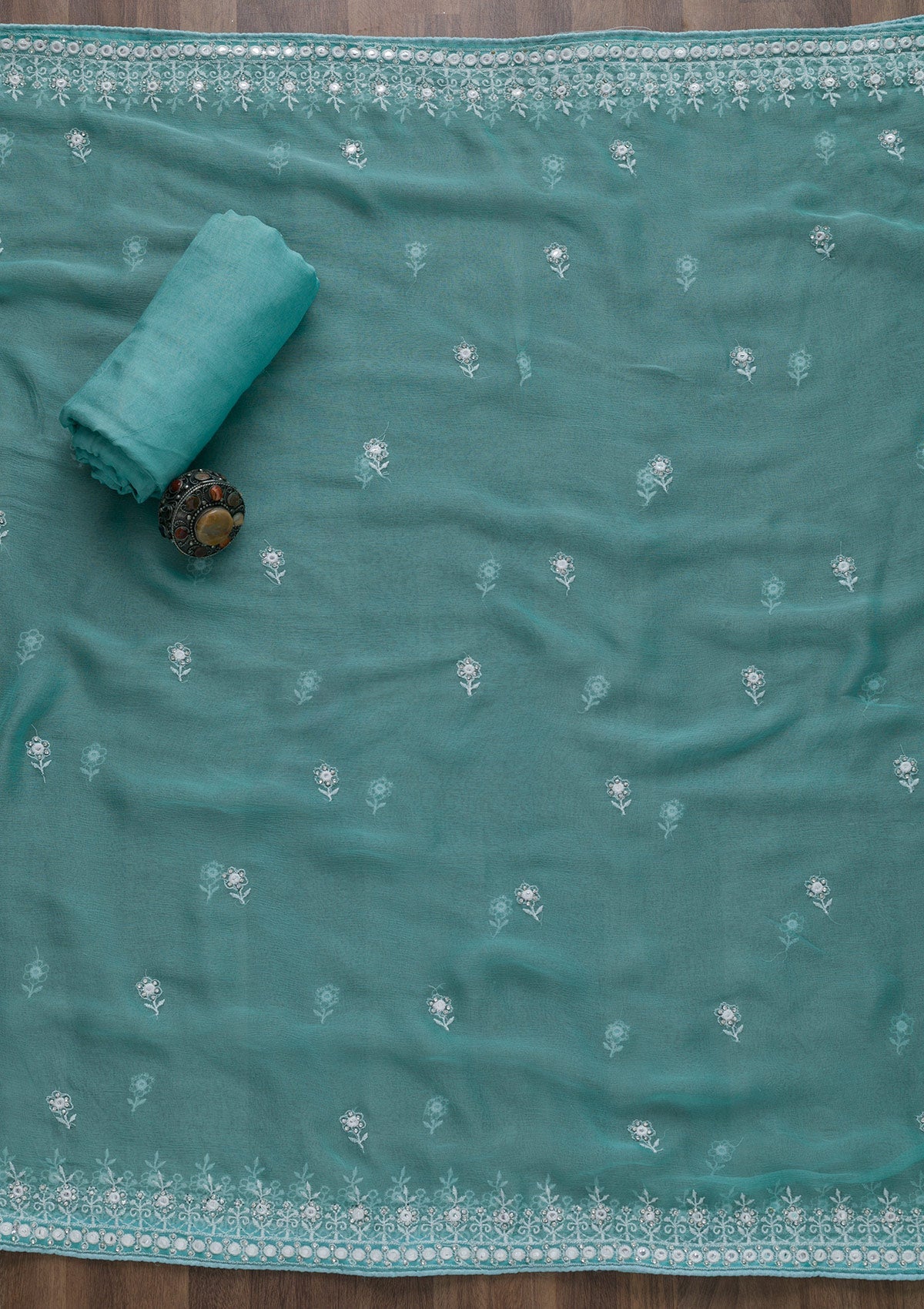 Sea Green Stonework Cotton Semi-Stitched Salwar Suit