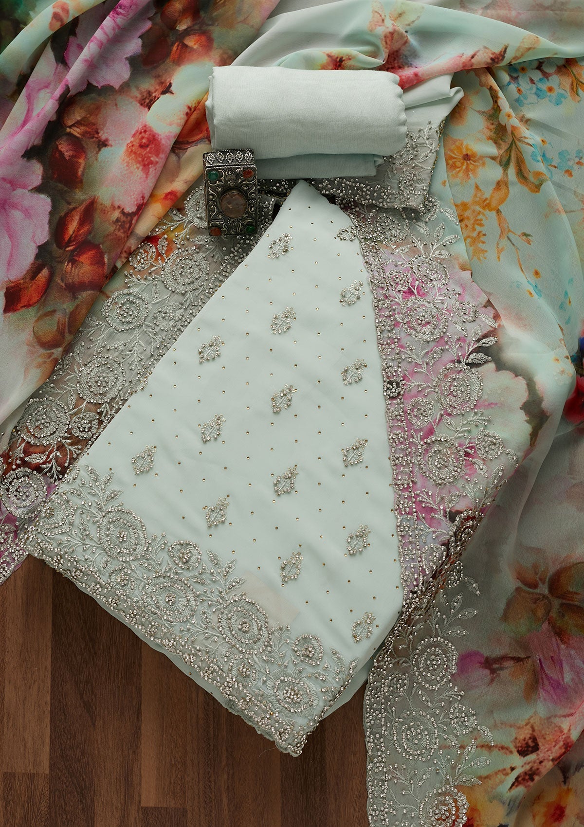 Sea Green Stonework Georgette Unstitched Salwar Suit