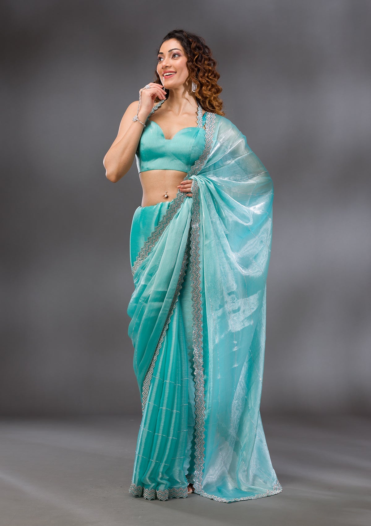 Sea Green Stonework (Silver) Organza Saree