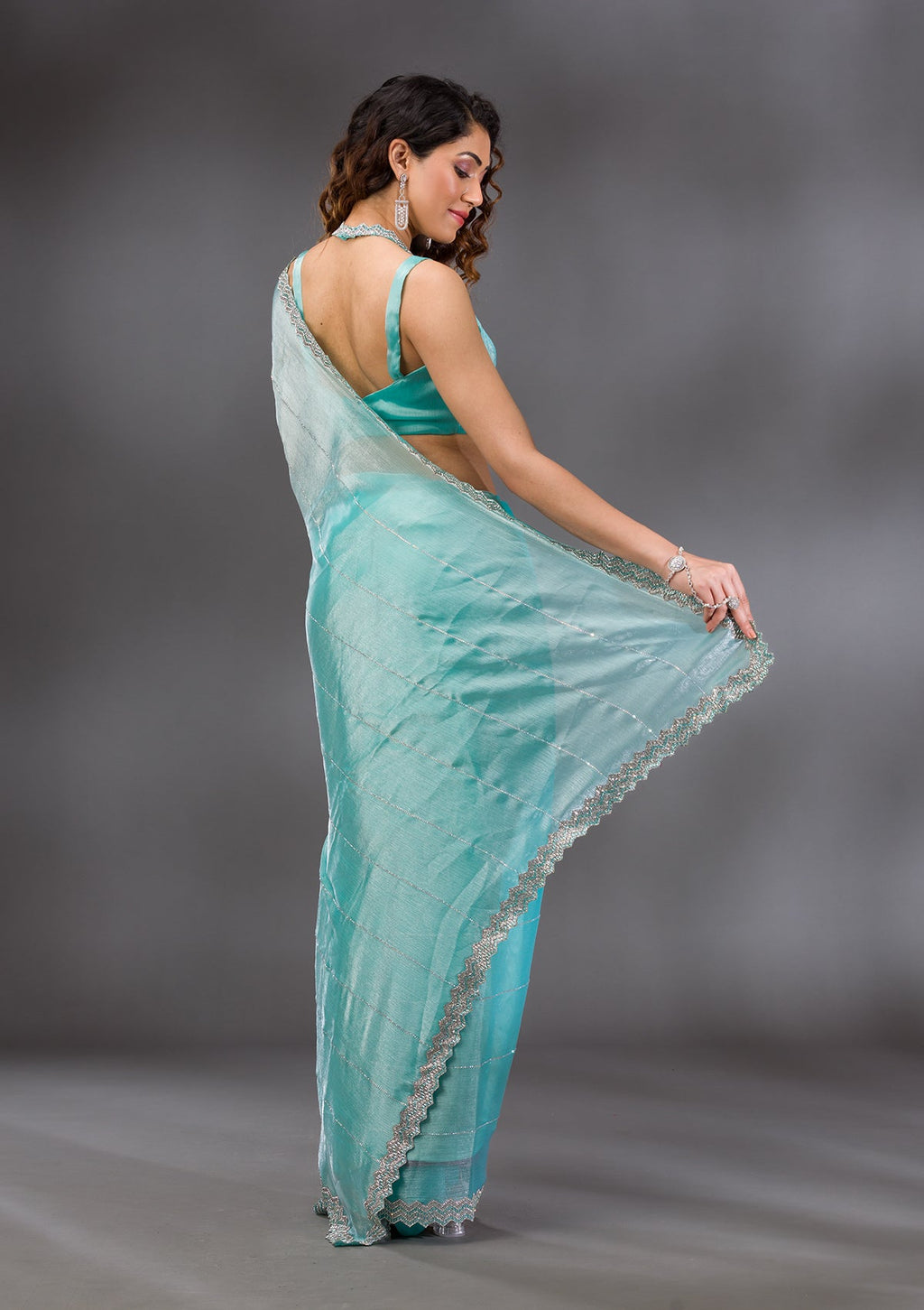 Sea Green Stonework (Silver) Organza Saree