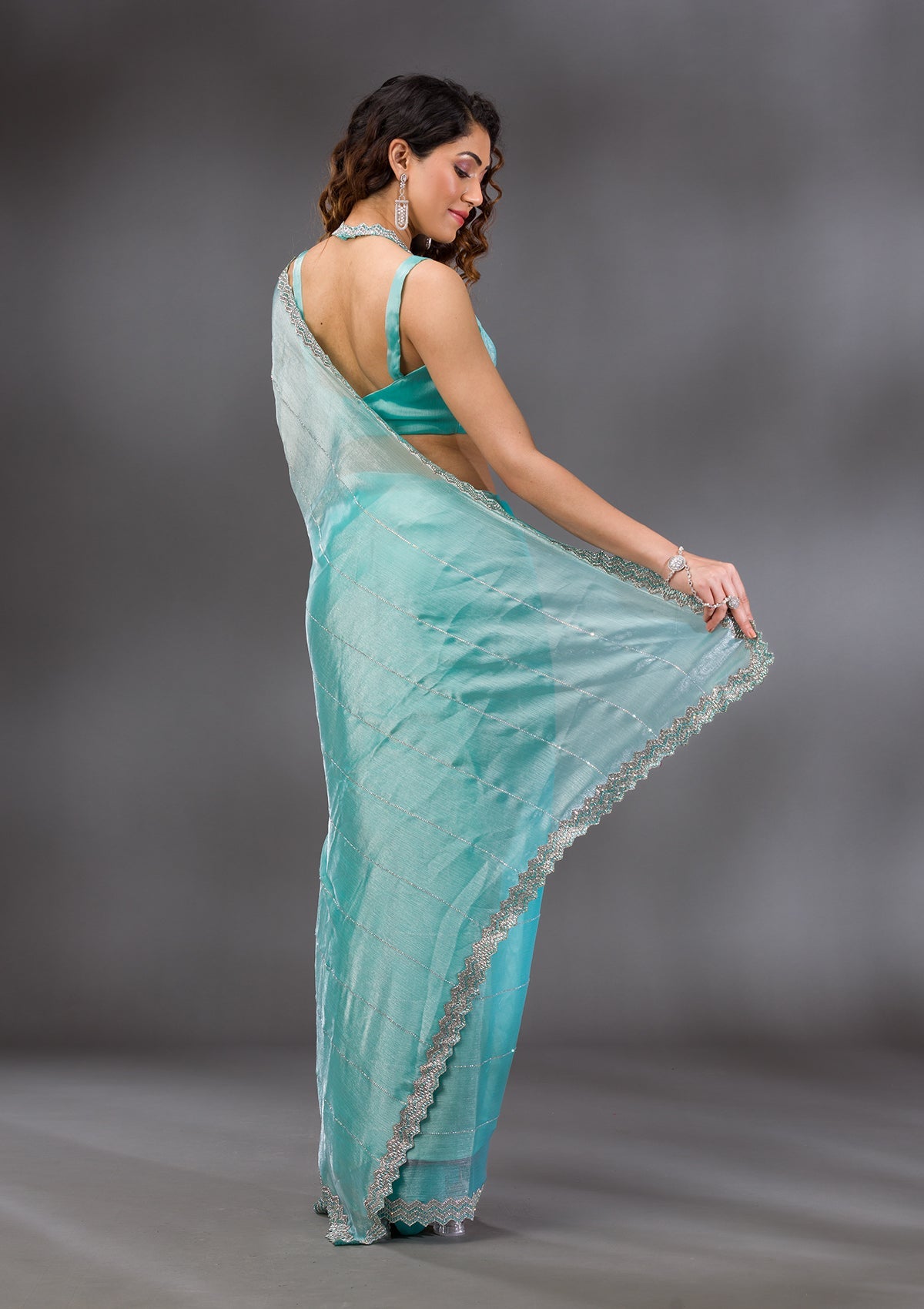 Sea Green Stonework (Silver) Organza Saree