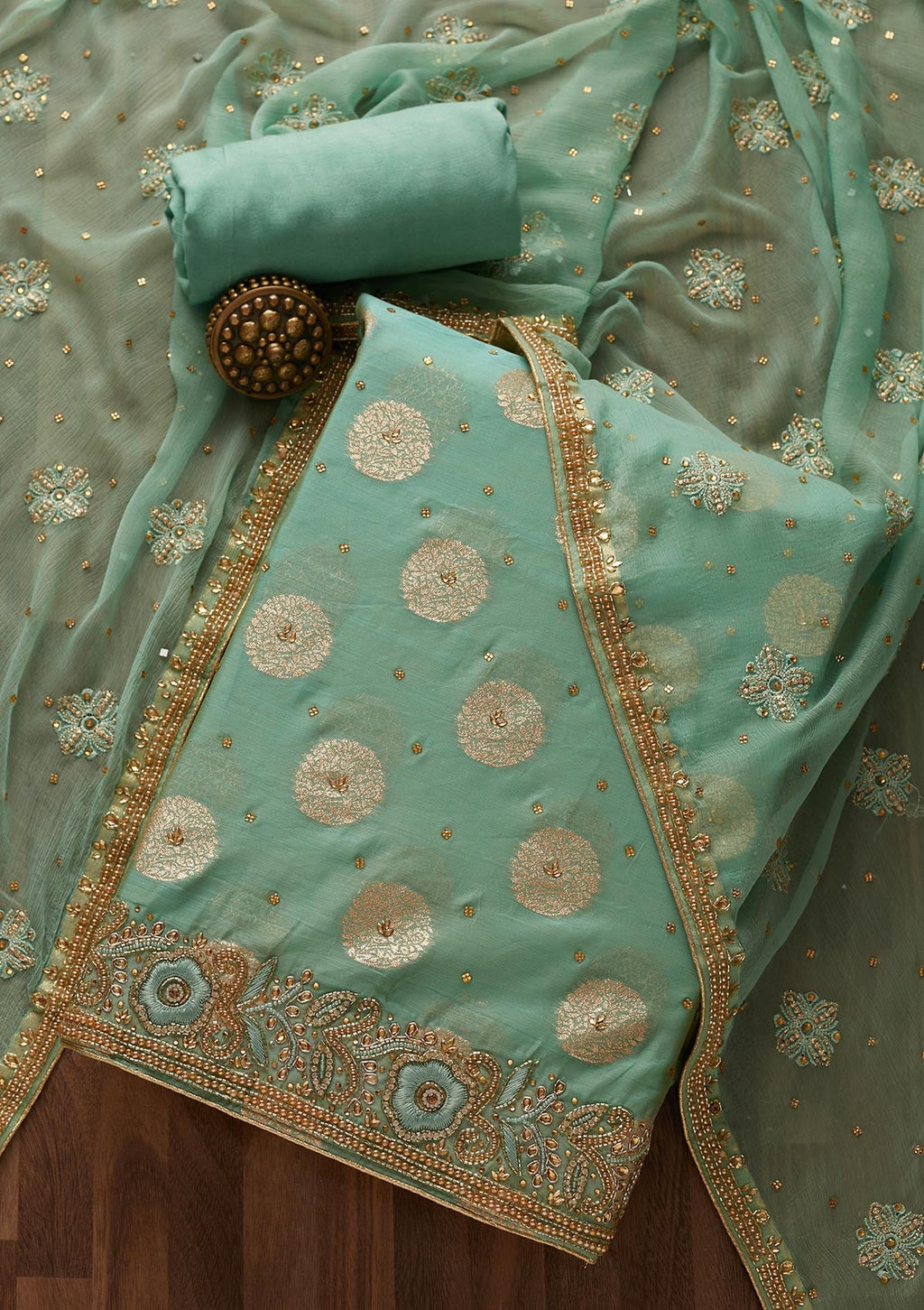 Sea Green Stonework Chanderi Unstitched Salwar Suit