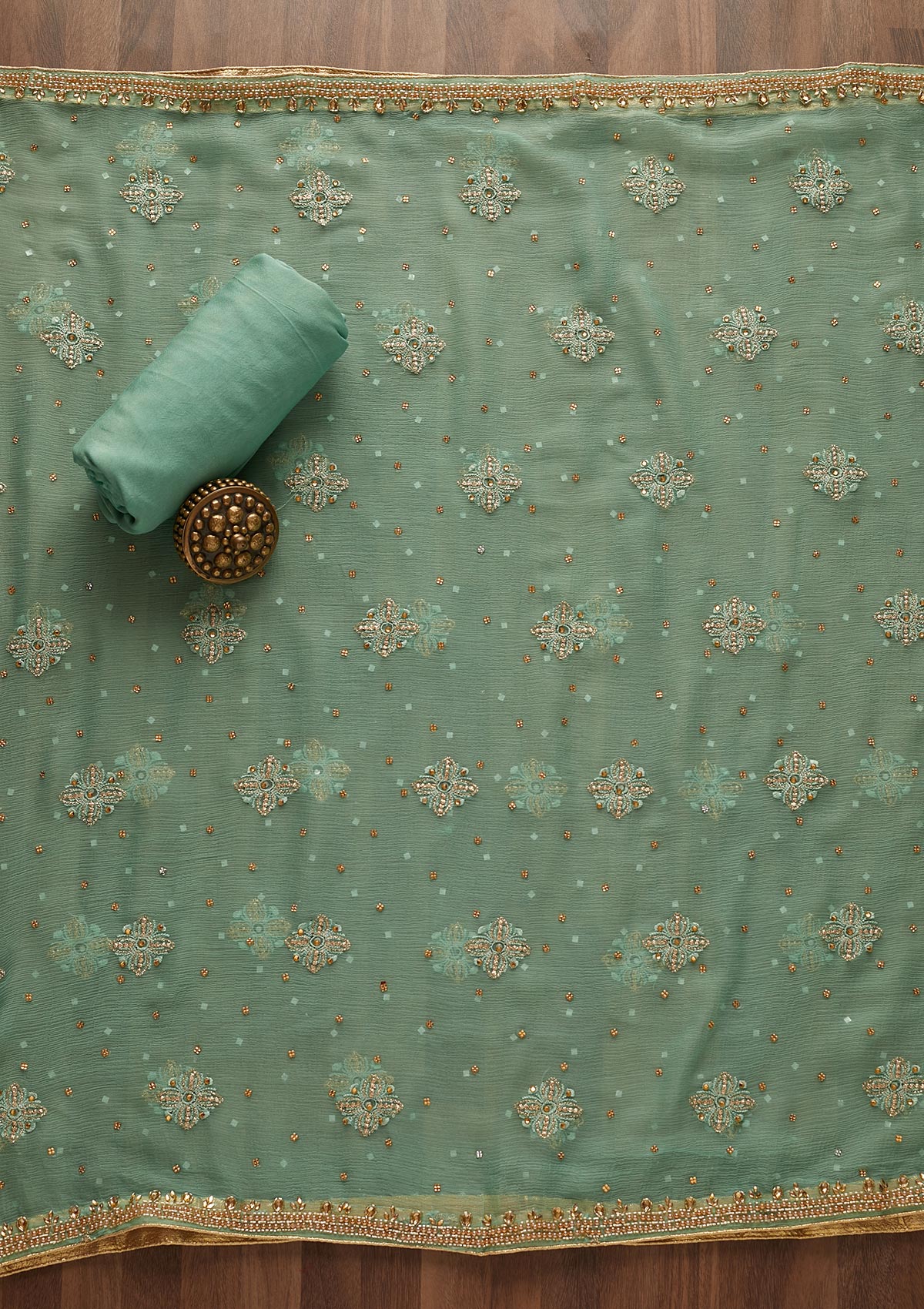 Sea Green Stonework Chanderi Unstitched Salwar Suit