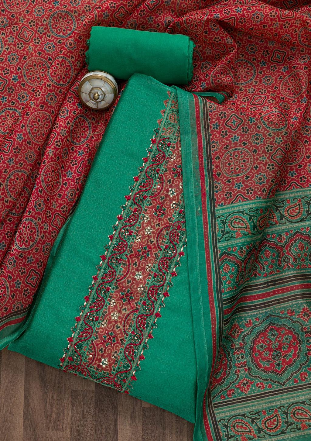 Sea Green Threadwork Chanderi Unstitched Salwar Suit