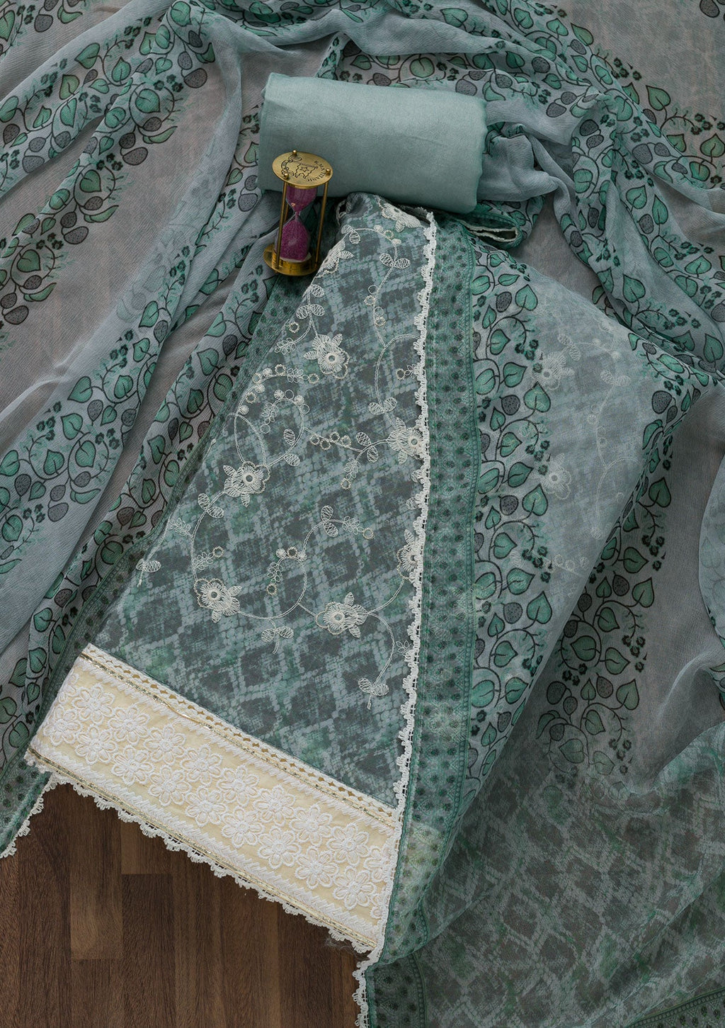 Sea Green Threadwork Chiffon Unstitched Salwar Suit
