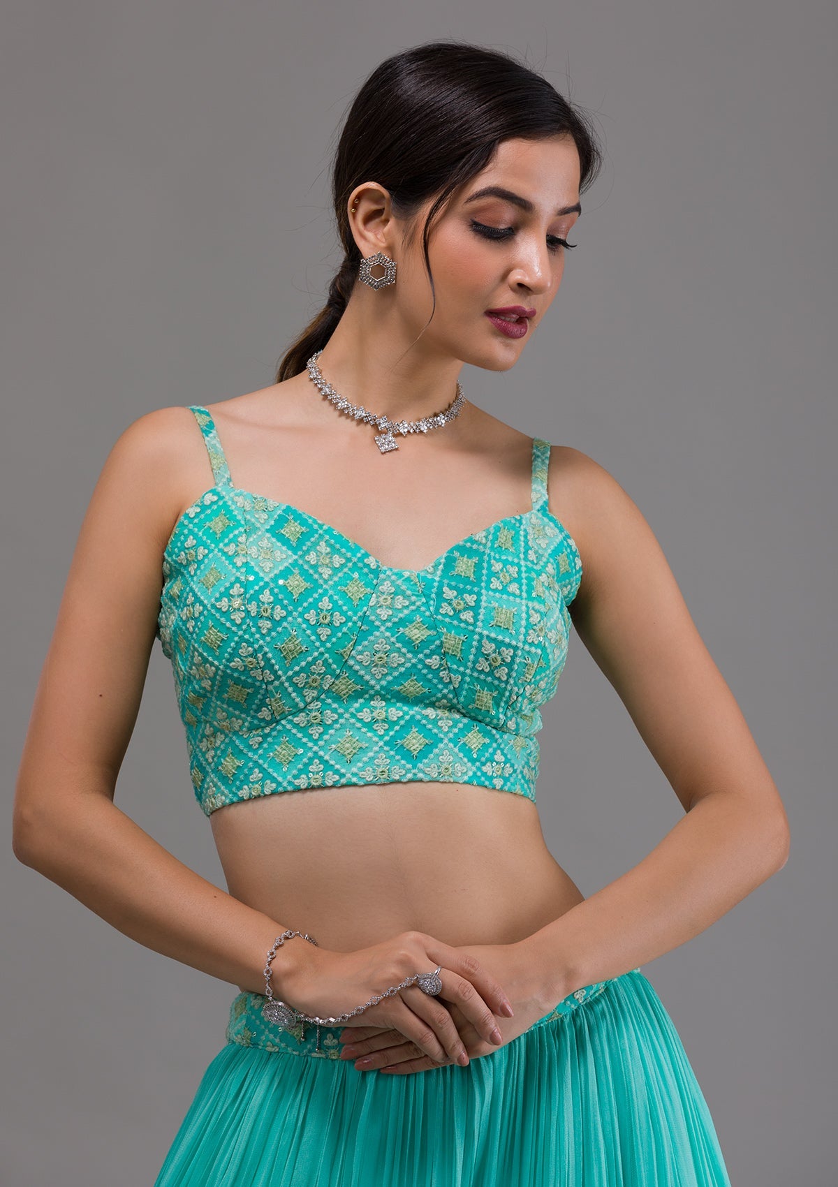 Sea Green Threadwork Georgette Readymade Lehenga