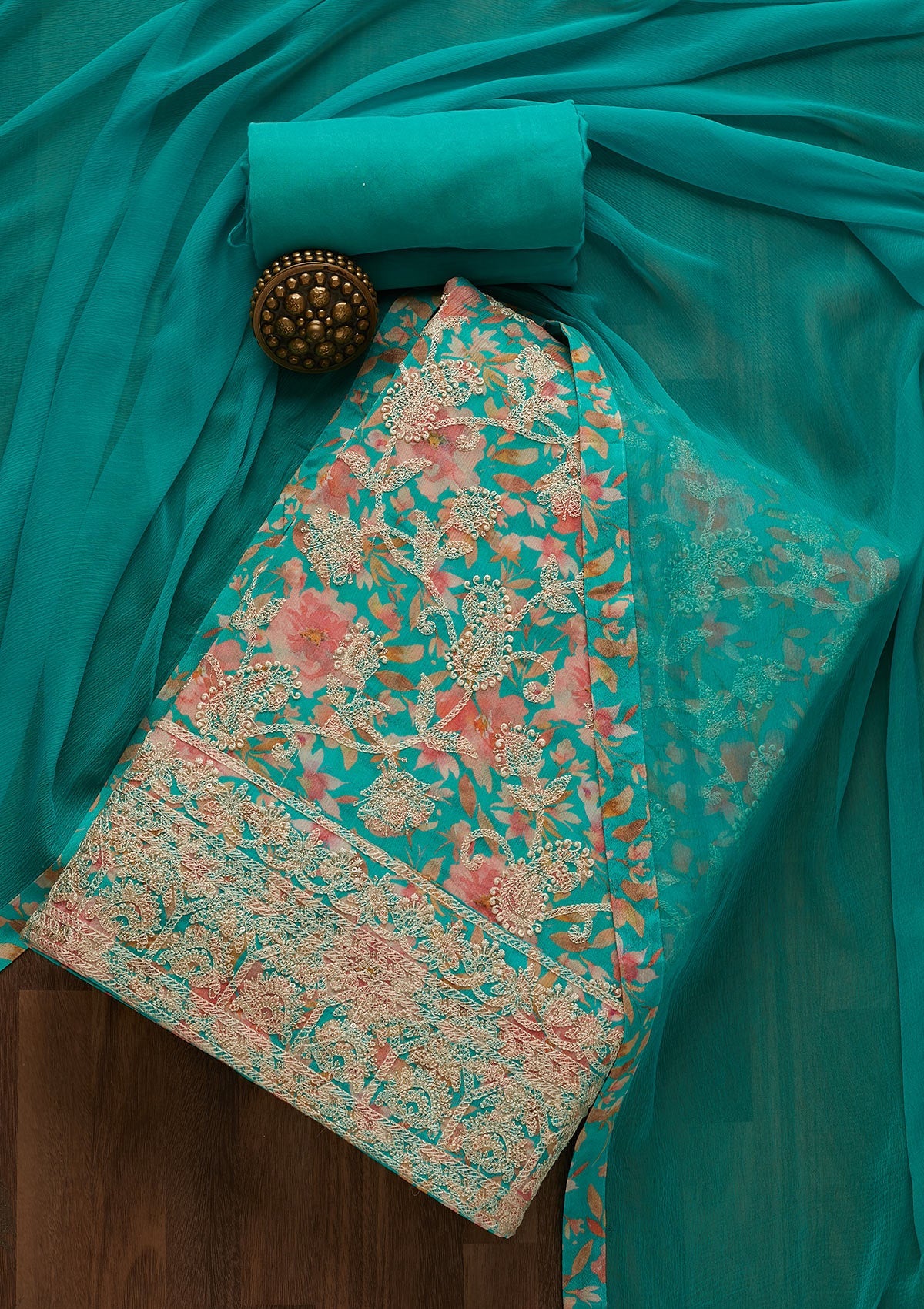 Sea Green Threadwork Semi Crepe Unstitched Salwar Suit