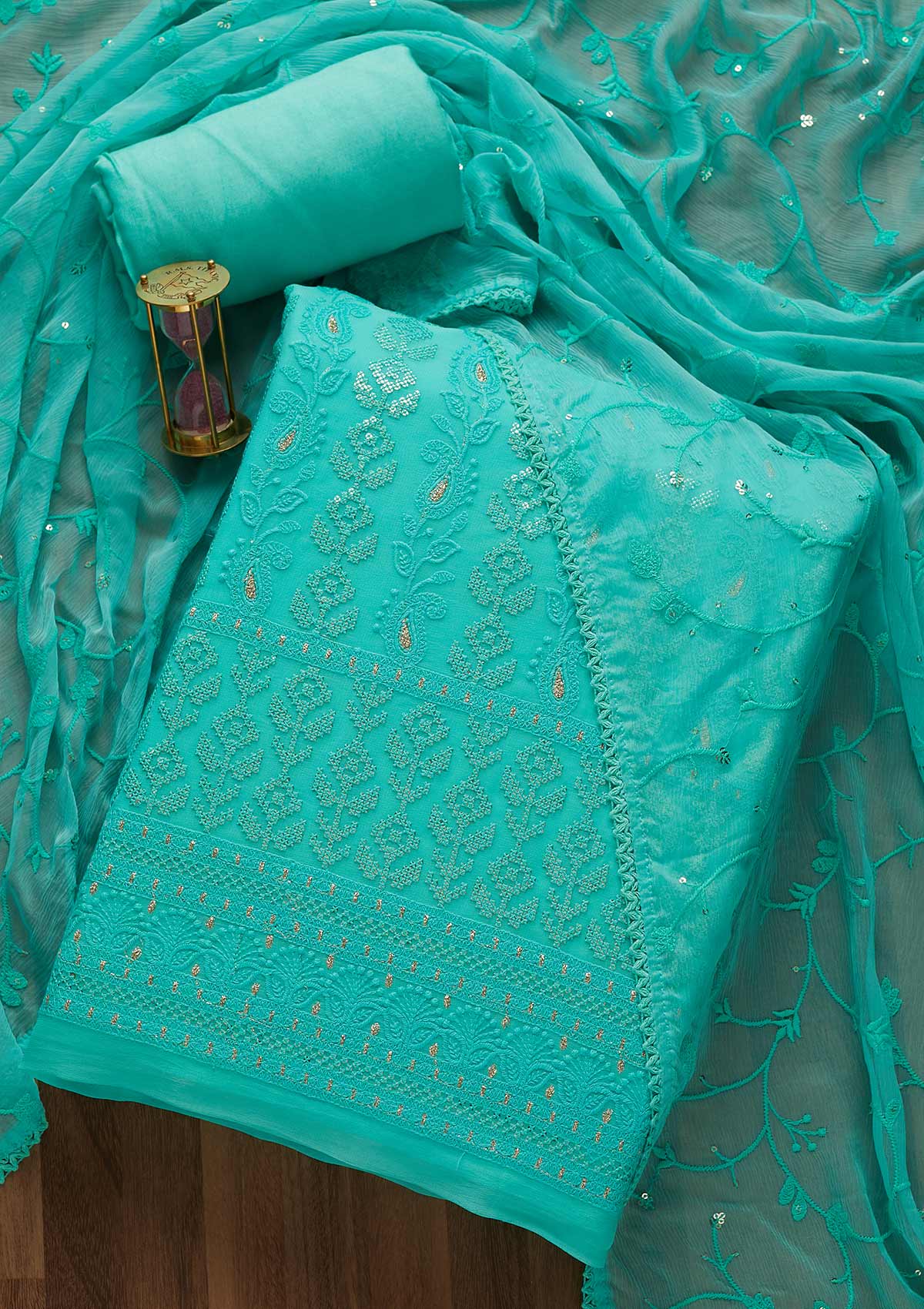 Sea Green Sequins Threadwork Georgette Unstitched Salwar Suit