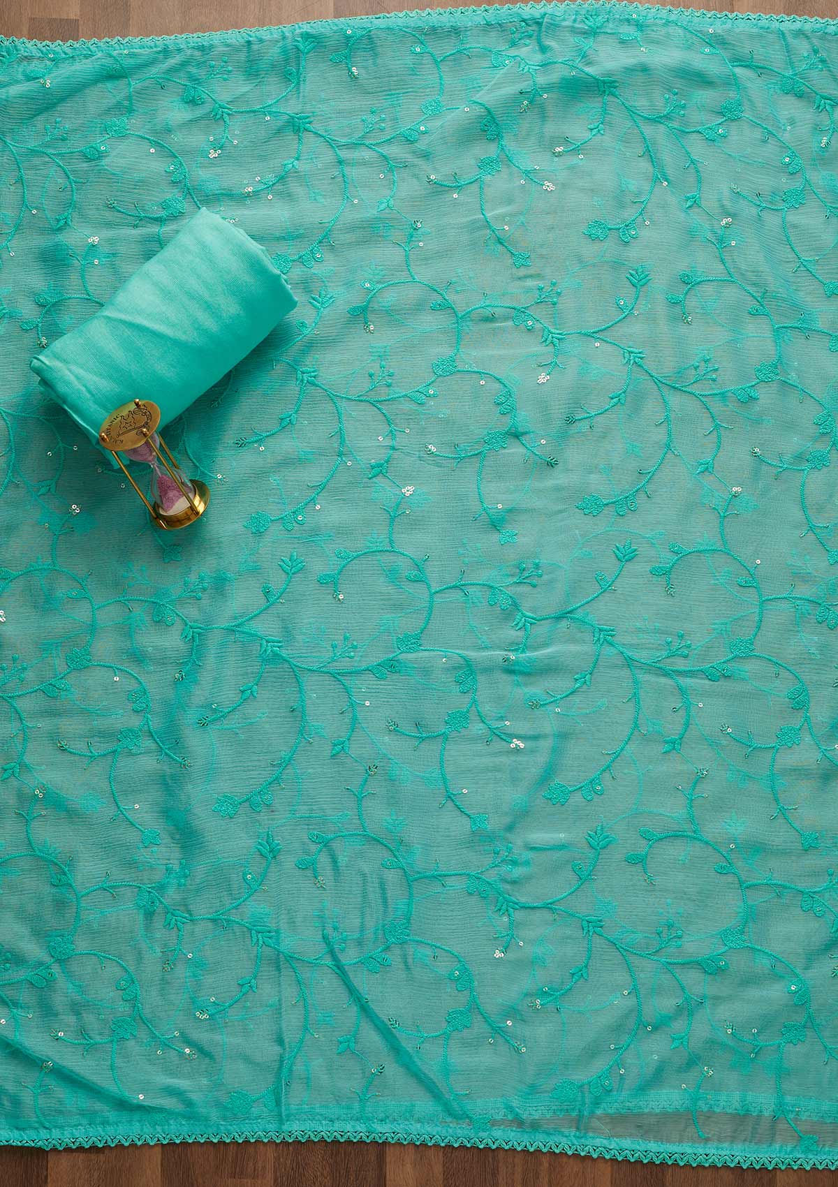 Sea Green Sequins Threadwork Georgette Unstitched Salwar Suit