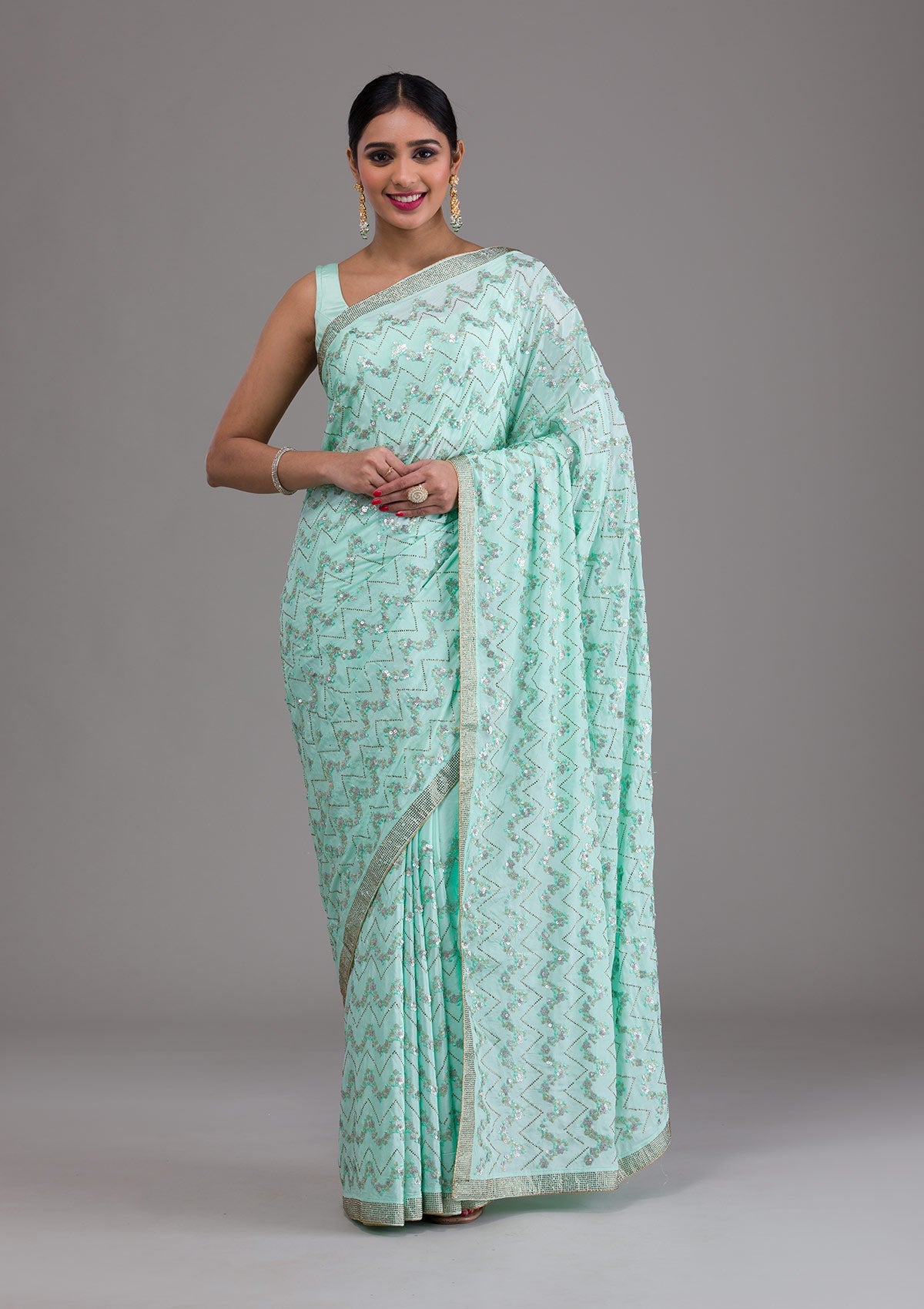 Sea Green Threadwork Semi Crepe Designer Saree