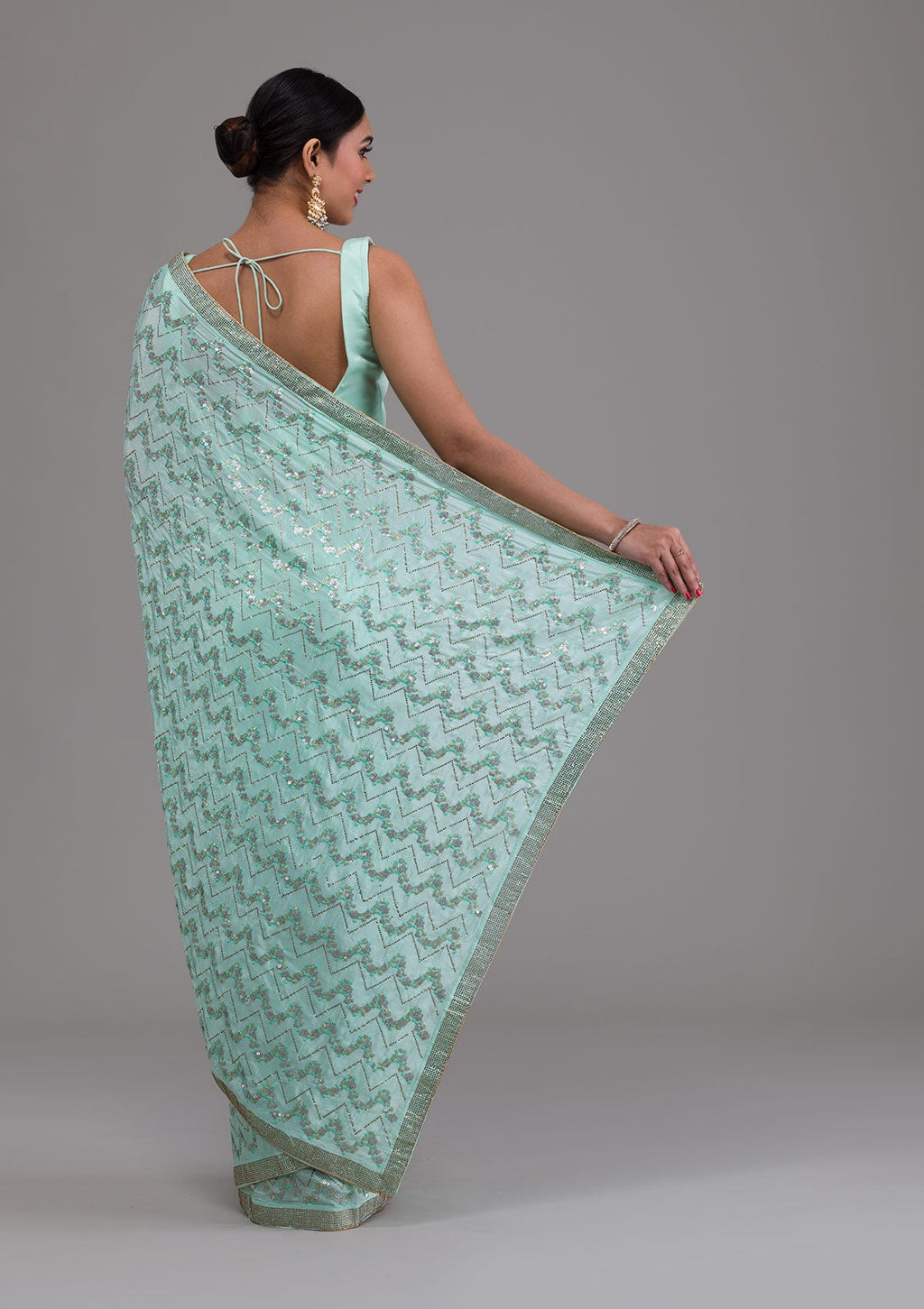 Sea Green Threadwork Semi Crepe Designer Saree
