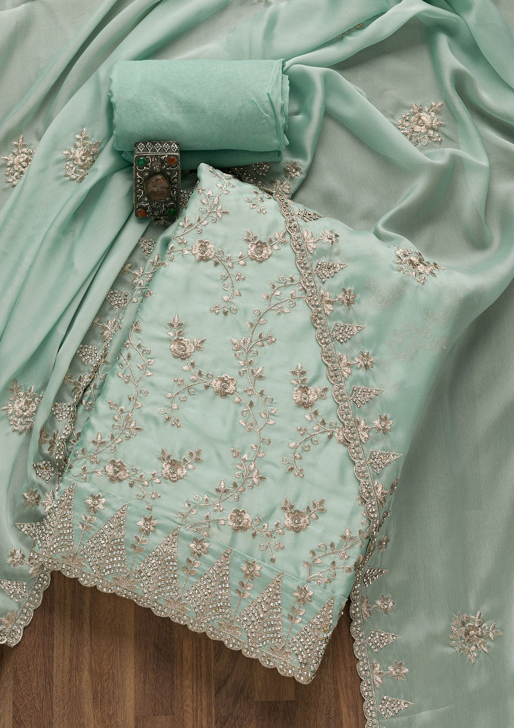 Sea Green Zariwork Semi Crepe Unstitched Salwar Suit