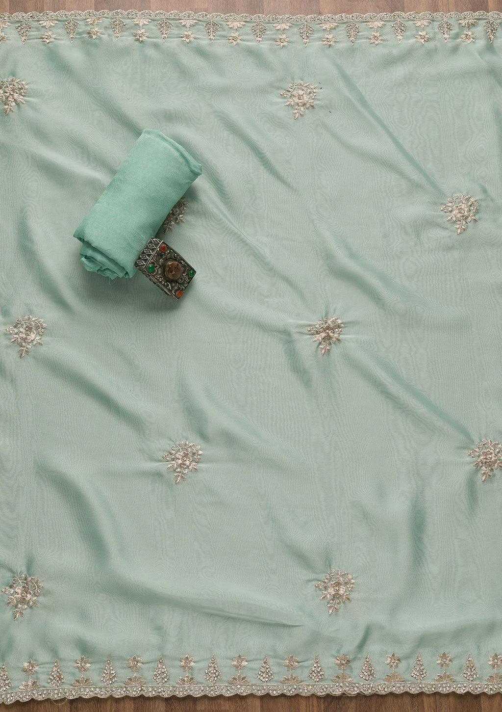Sea Green Zariwork Semi Crepe Unstitched Salwar Suit