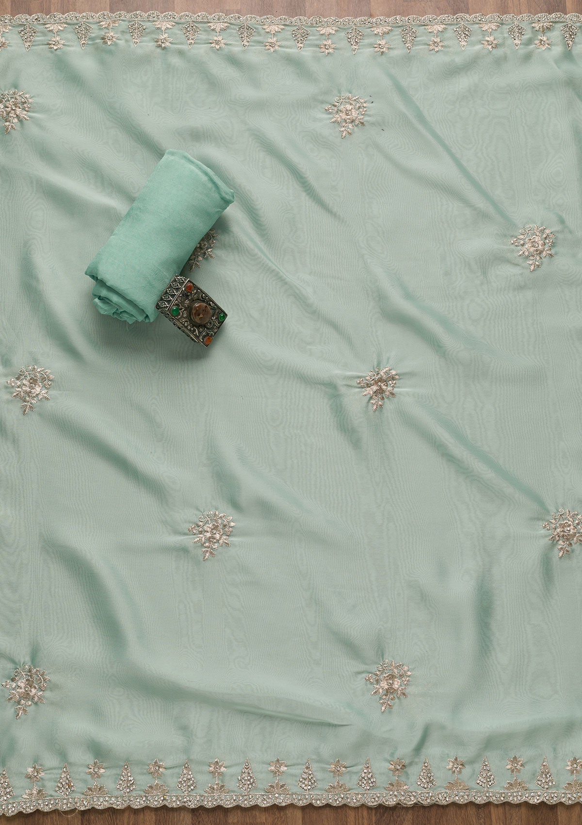 Sea Green Zariwork Semi Crepe Unstitched Salwar Suit