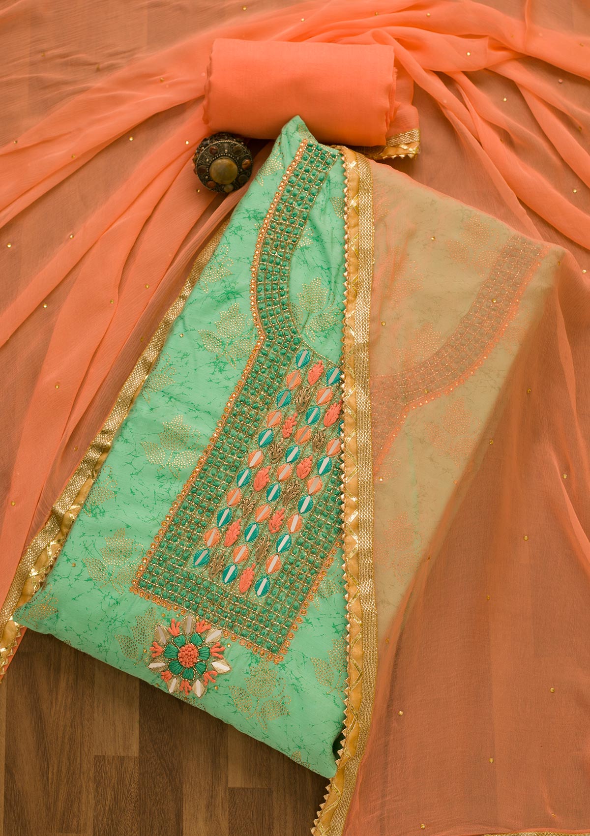 Sea Green Cutdana Semi Crepe Unstitched Salwar Suit