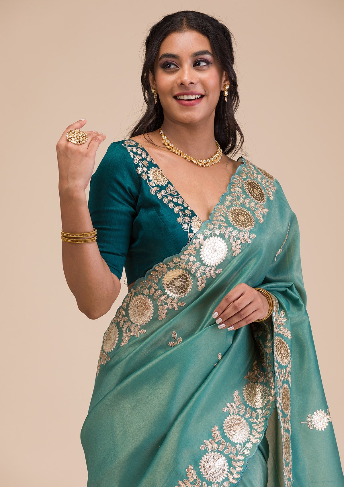Sea Green Gotapatti Tissue Saree