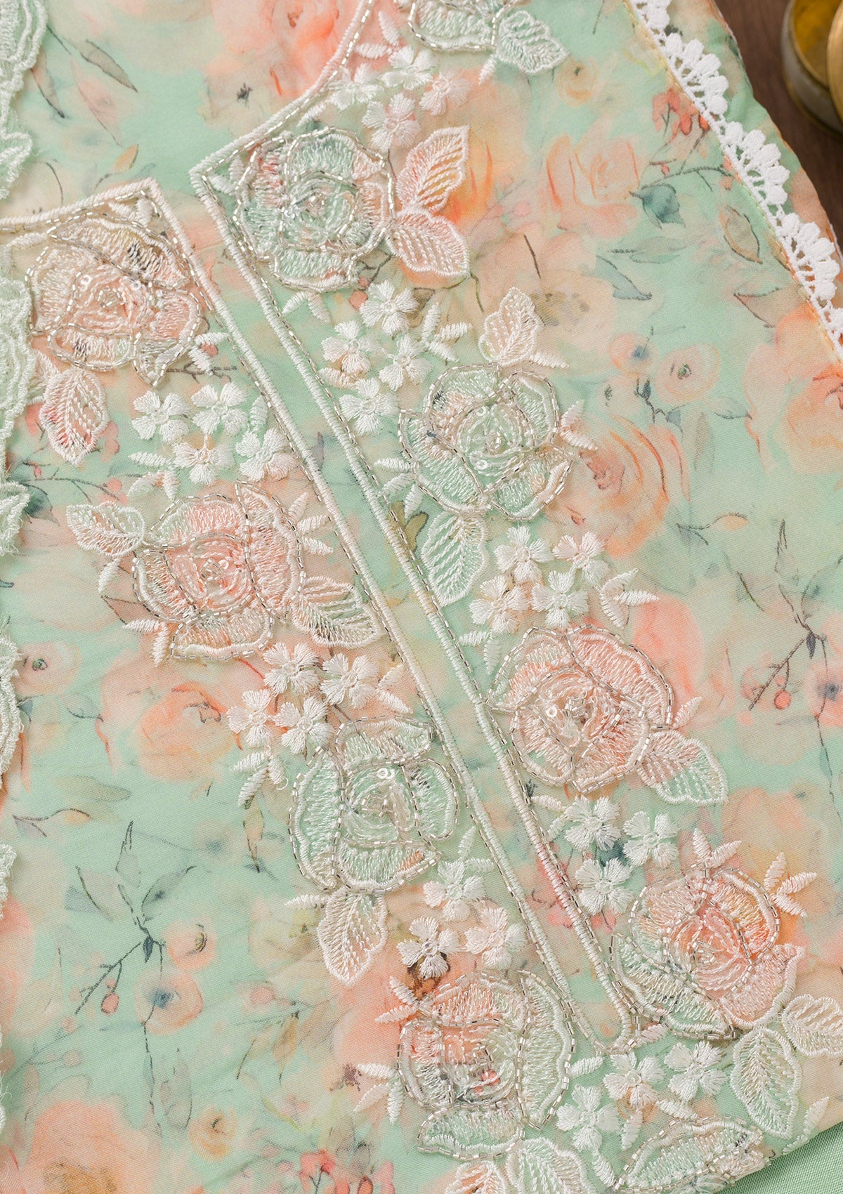 Sea Green Printed Organza Unstitched Salwar Suit