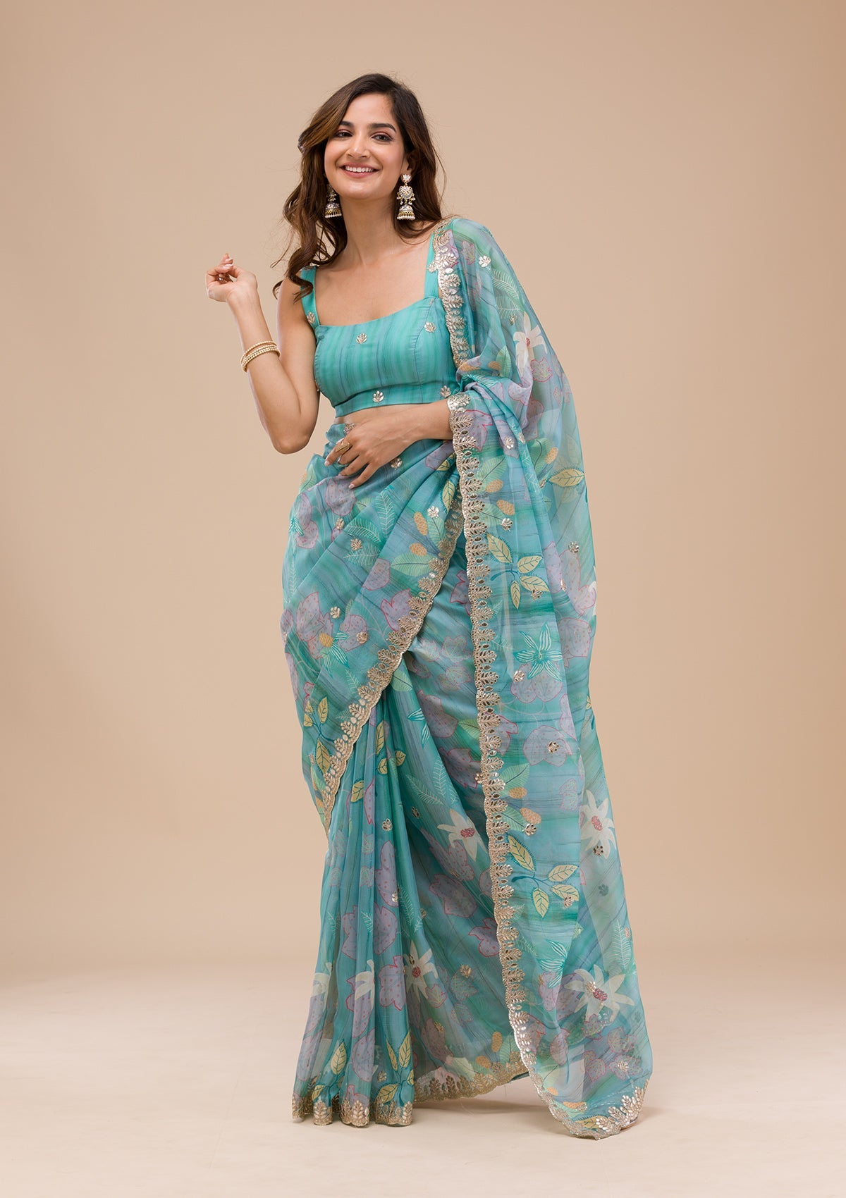 Sea Green Printed Organza Saree