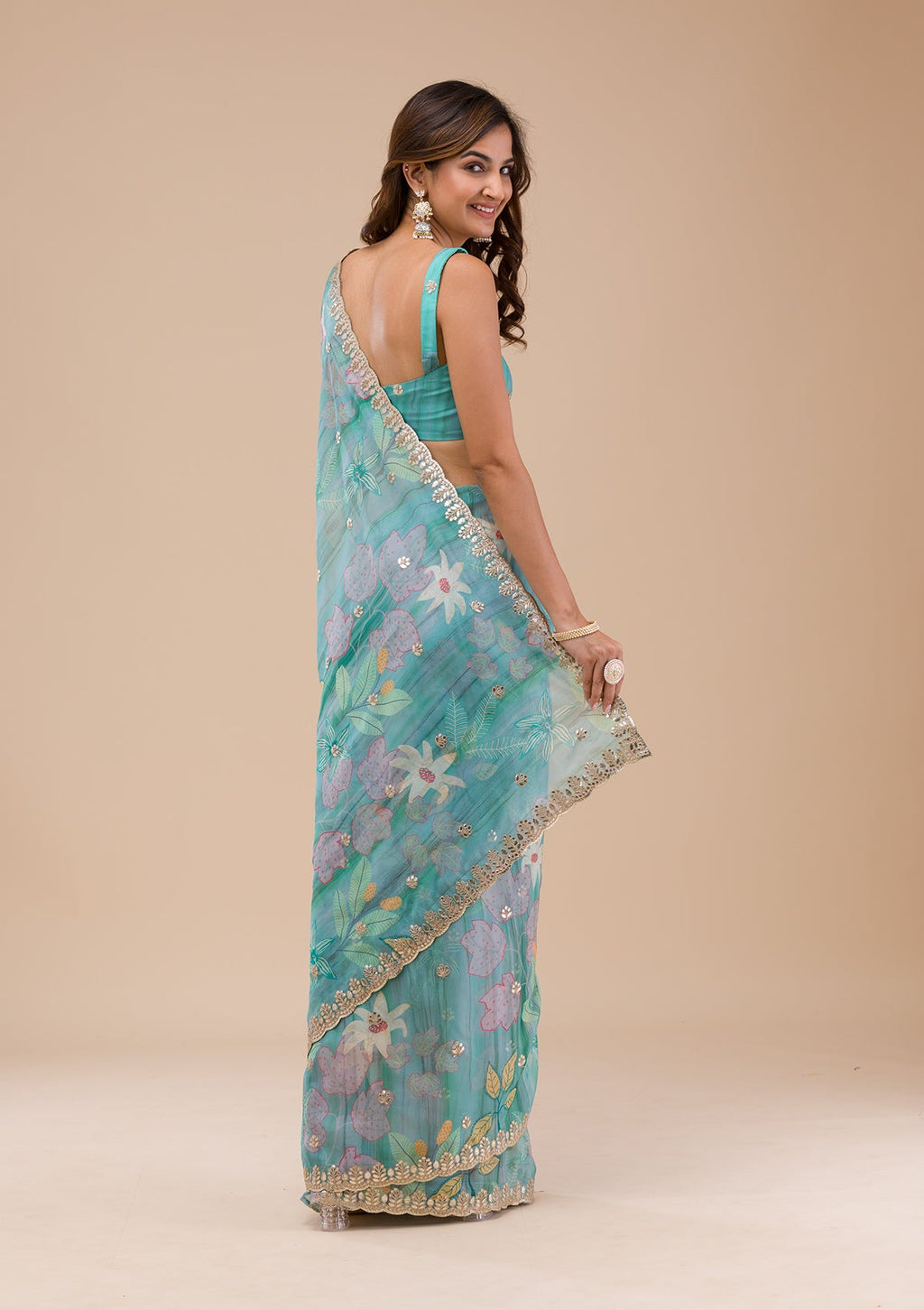 Sea Green Printed Organza Saree