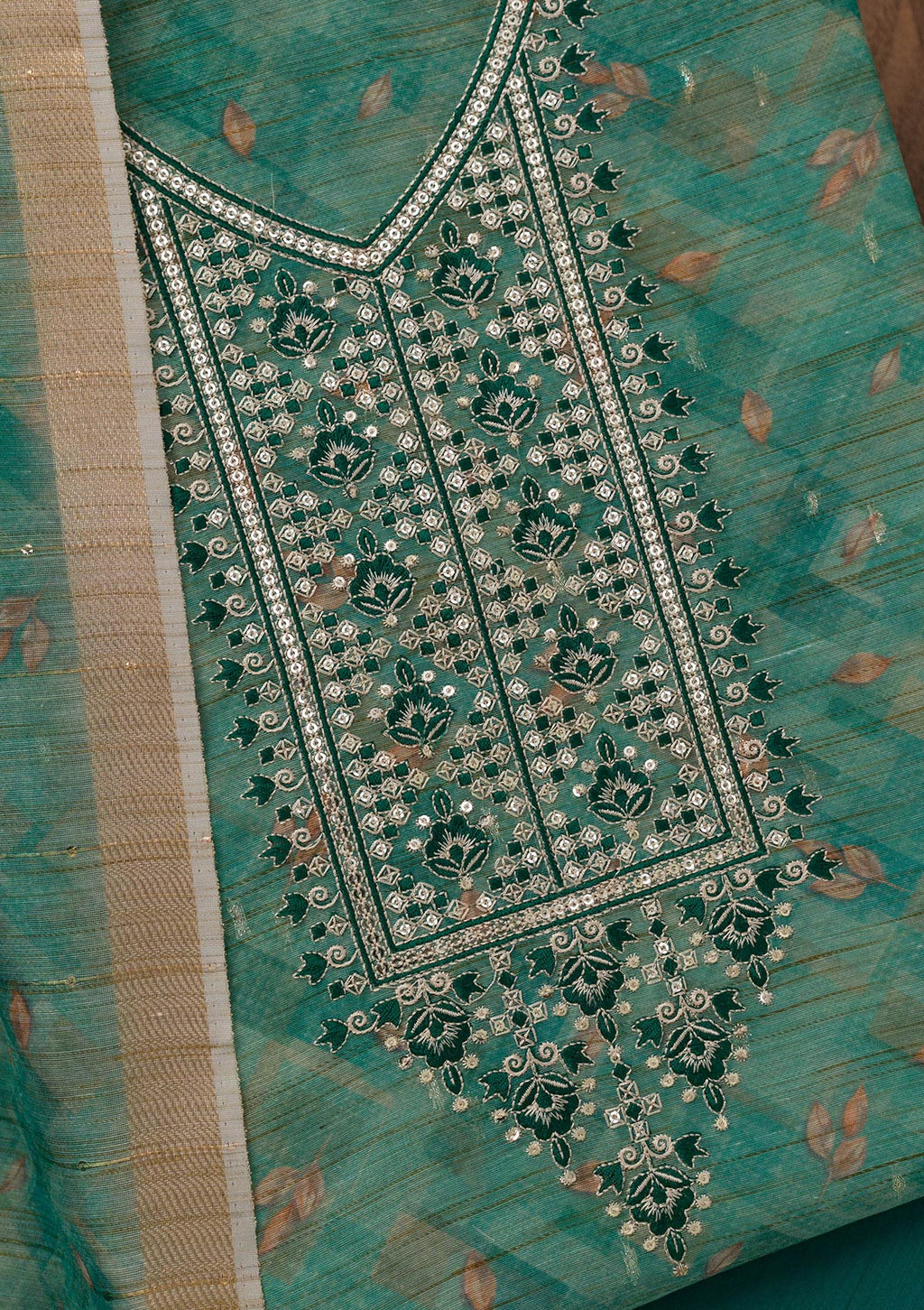 Sea Green Printed Raw Silk Unstitched Salwar Suit