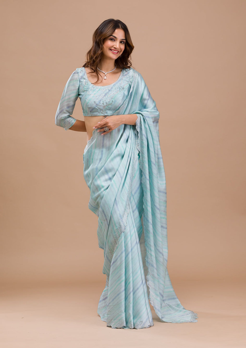 Sea Green Printed Satin Saree
