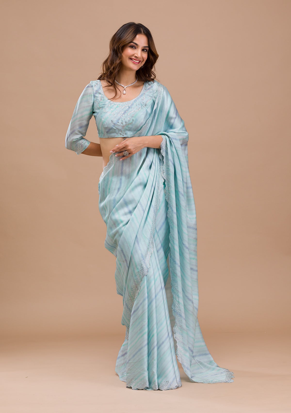 Sea Green Printed Satin Saree
