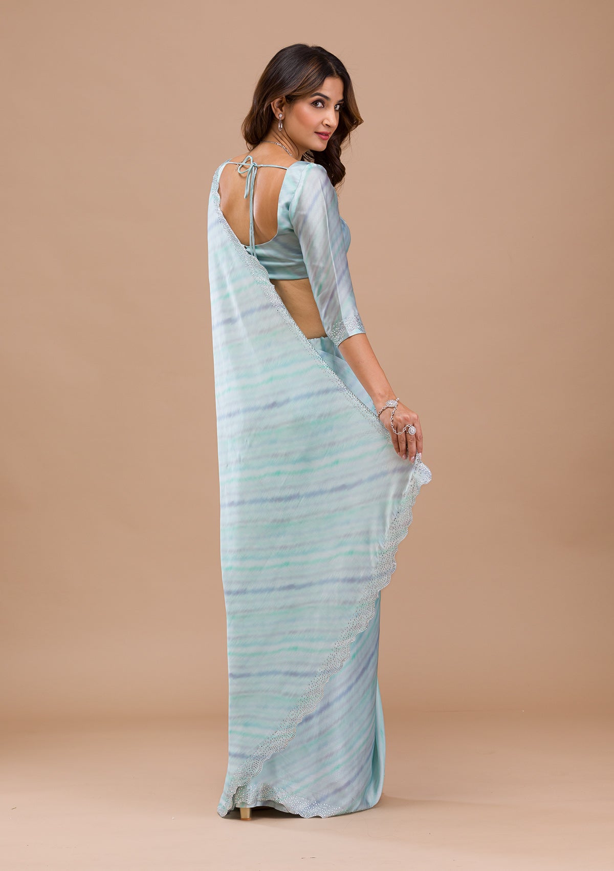 Sea Green Printed Satin Saree