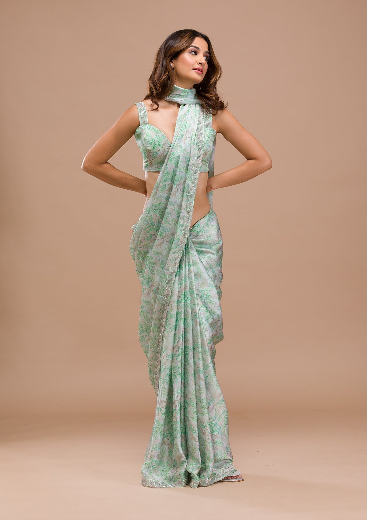 Sea Green Printed Satin Saree