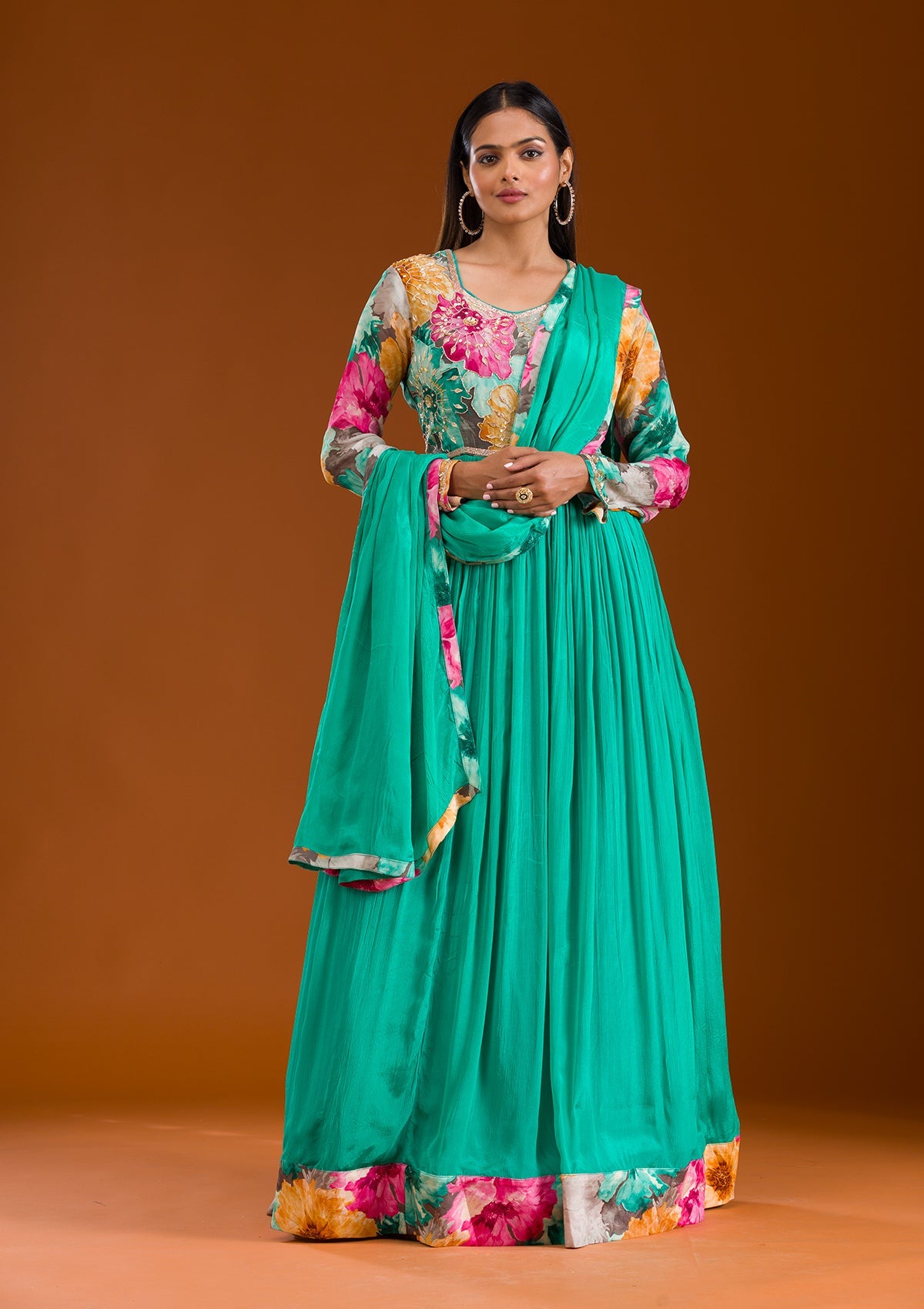 Sea Green Printed Semi Crepe Readymade Salwar Suit