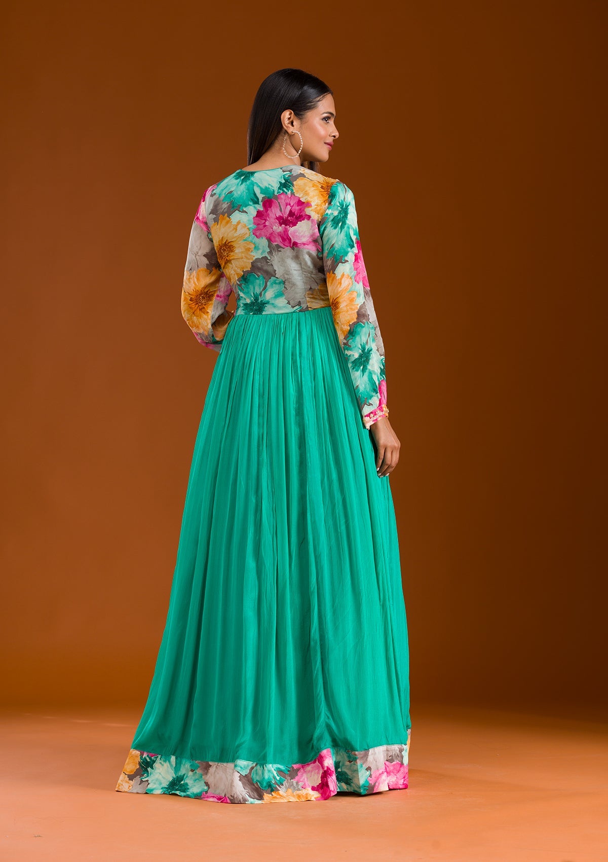 Sea Green Printed Semi Crepe Readymade Salwar Suit