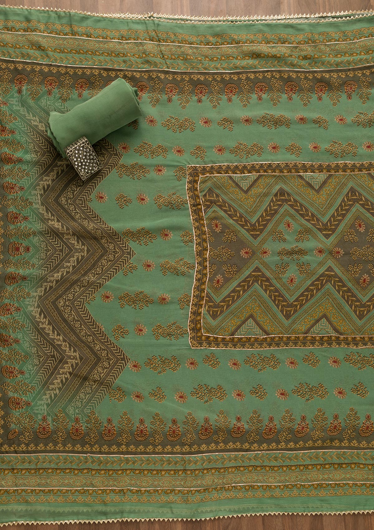 Sea Green Printed Crepe Unstitched Salwar Suit
