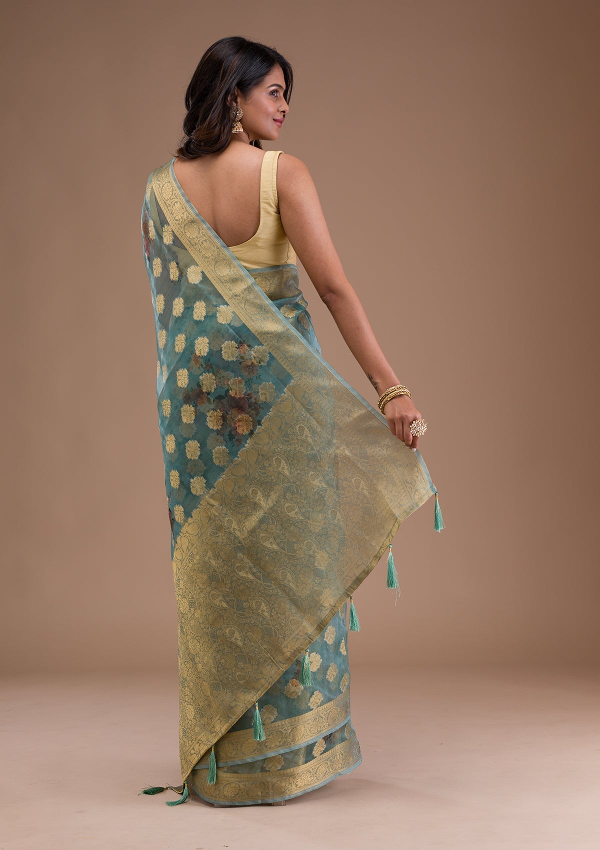 Sea Green Printed Tissue Saree