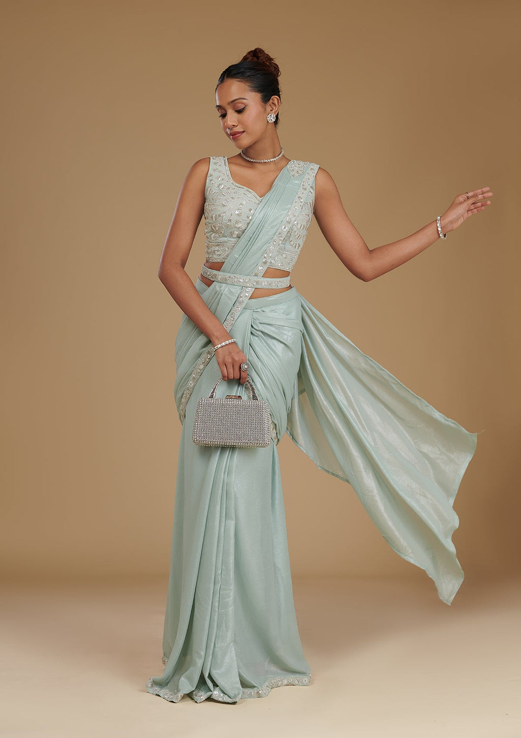 Sea Green Sequins Chiffon Readymade Saree