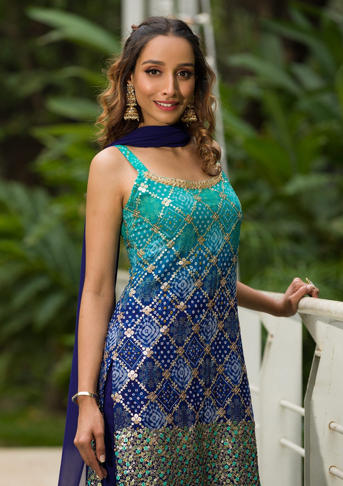 Sea Green Sequins Georgette Readymade Sharara Suit