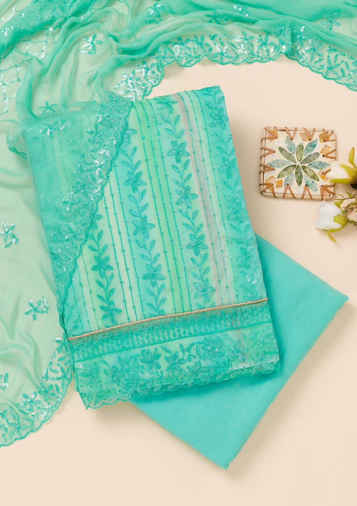 Sea Green Sequins Georgette Unstitched Salwar Suit