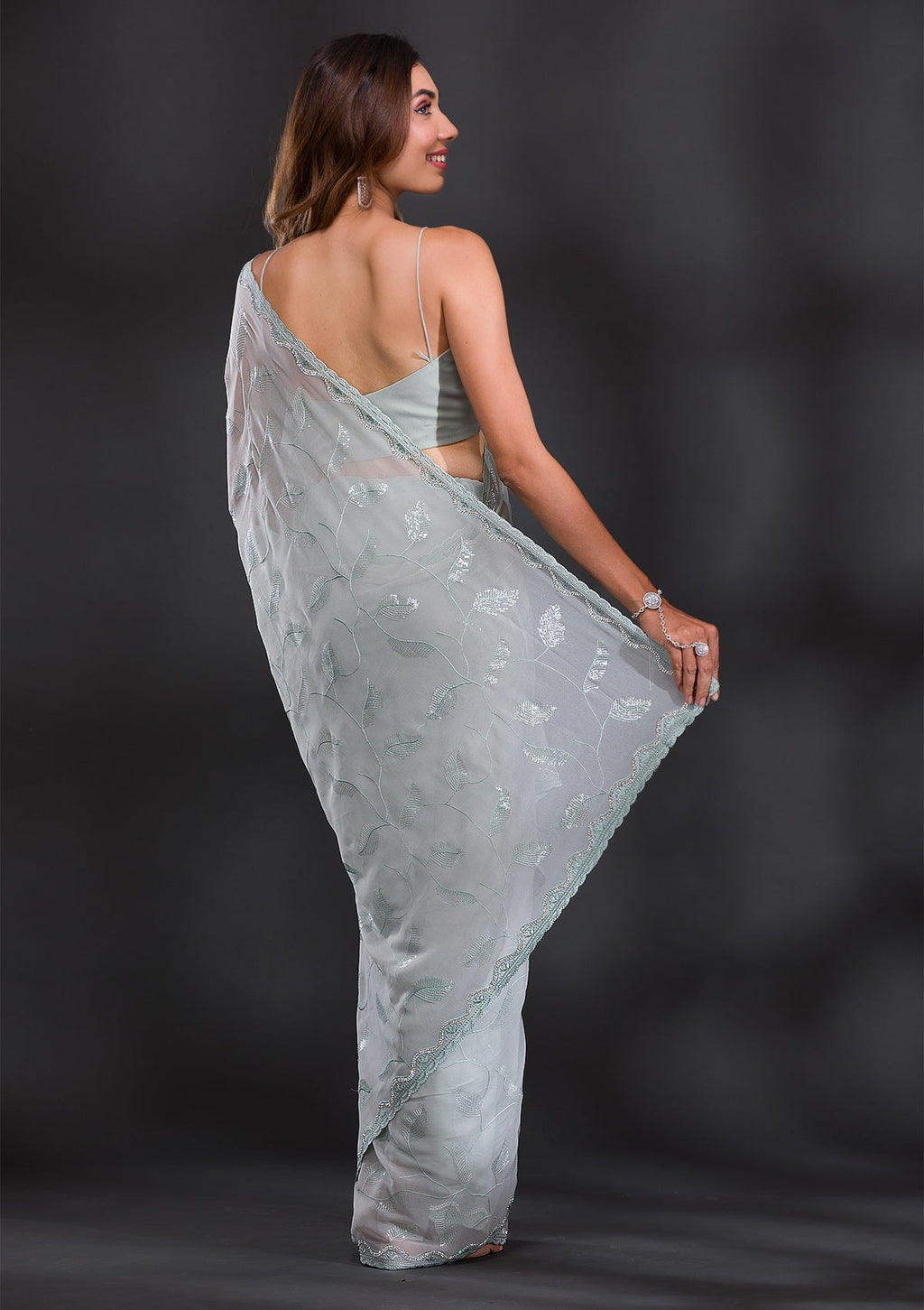 Sea Green Sequins Georgette Saree