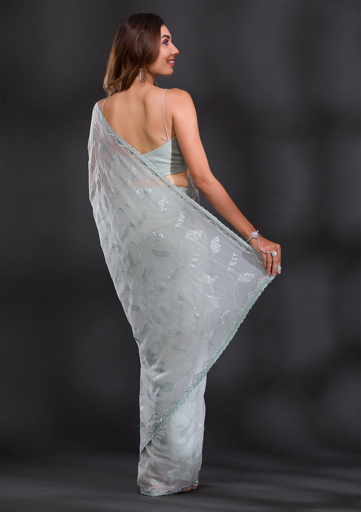 Sea Green Sequins Georgette Saree