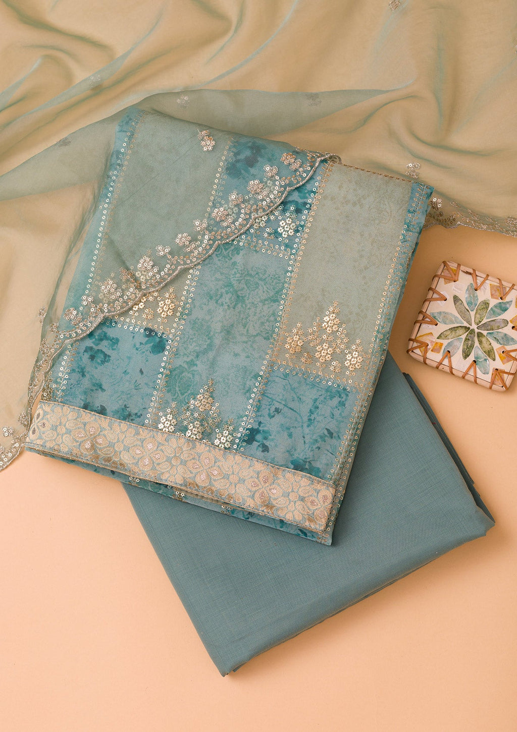 Sea Green Sequins Organza Unstitched Salwar Suit