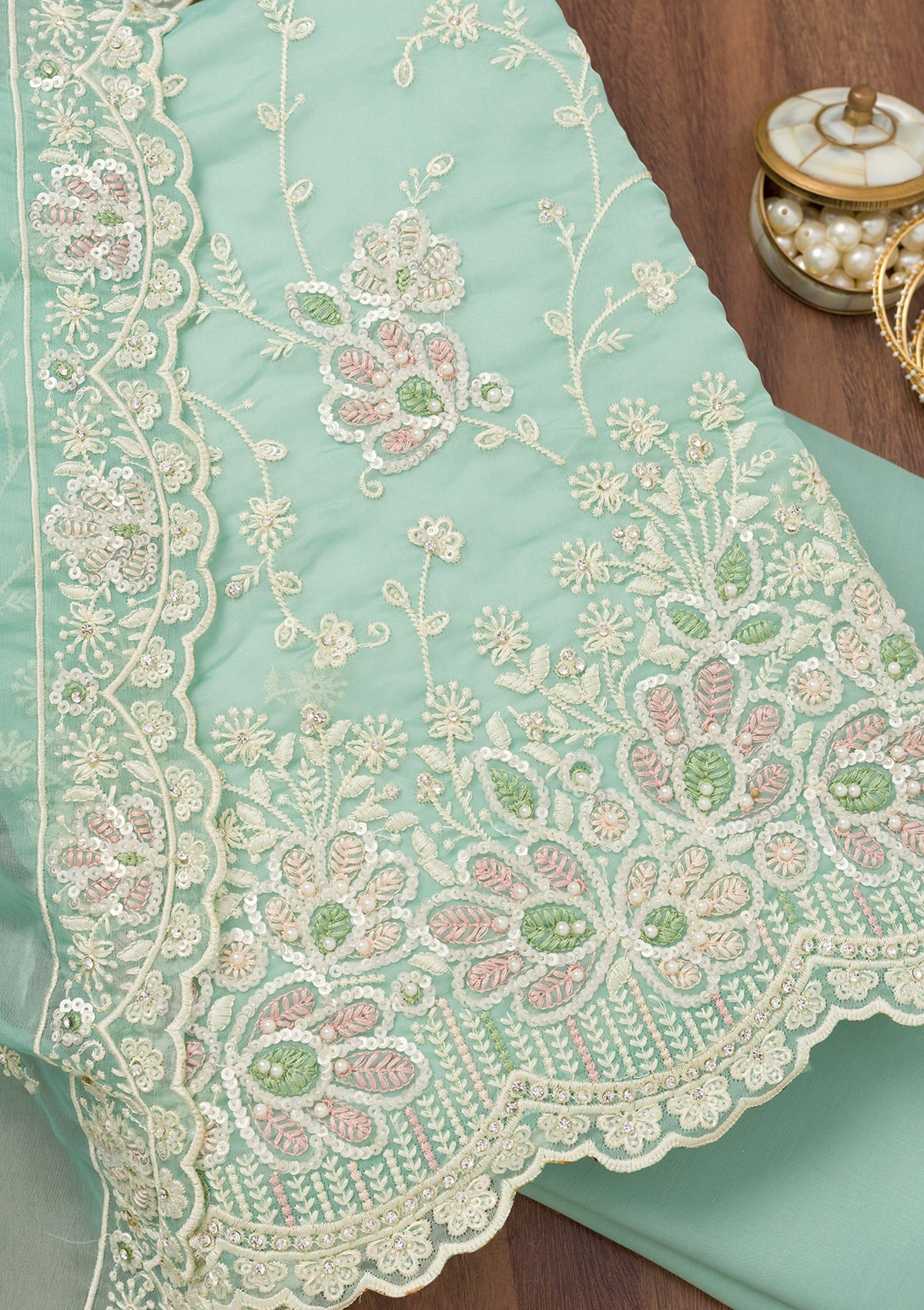 Sea Green Sequins Organza Unstitched Salwar Suit