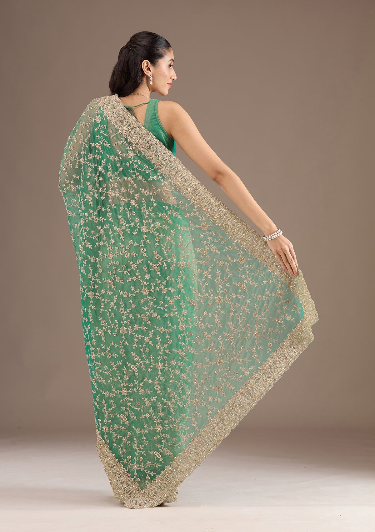 Sea Green Sequins Tissue Saree