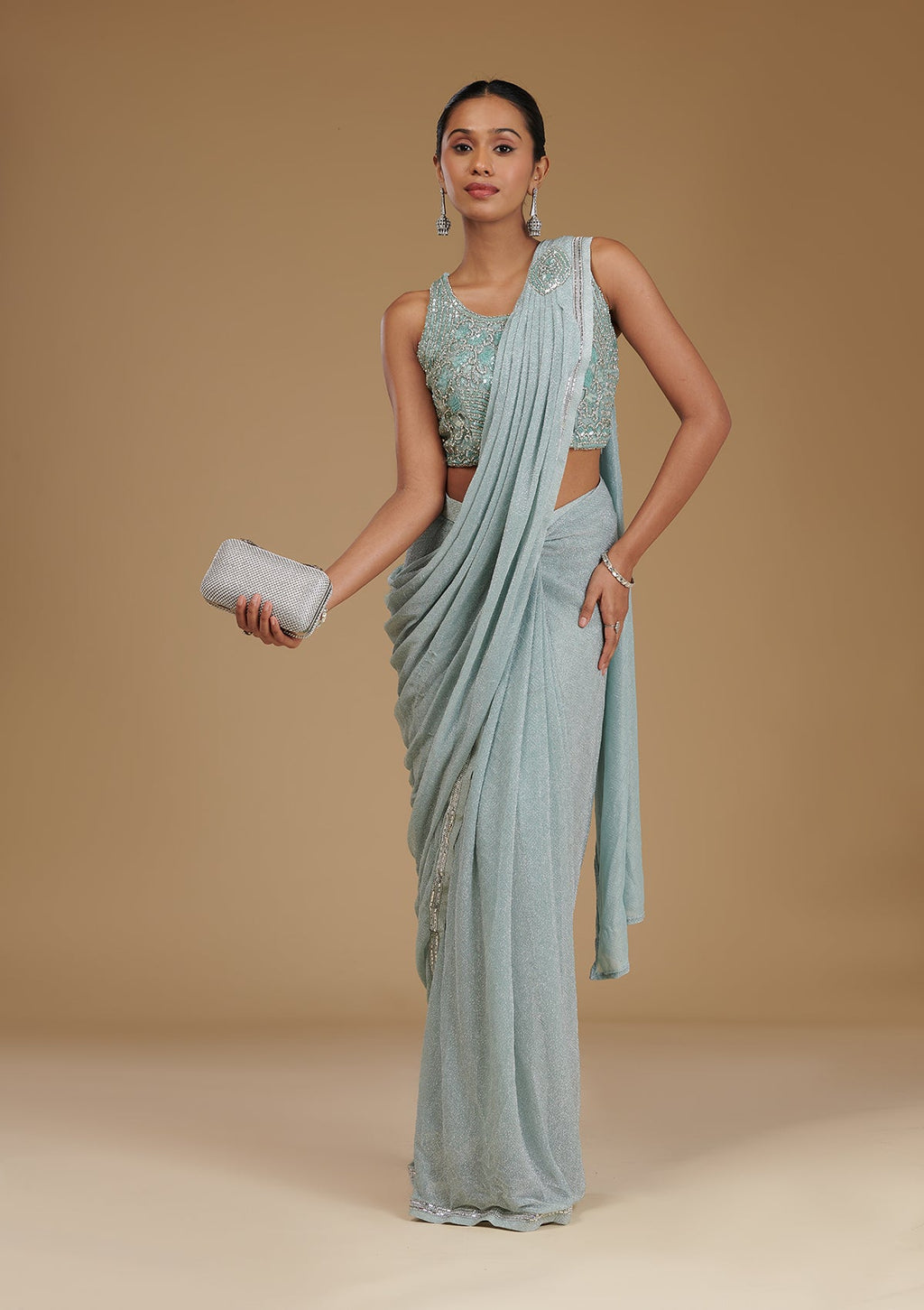 Sea Green Stonework Chiffon Readymade Saree