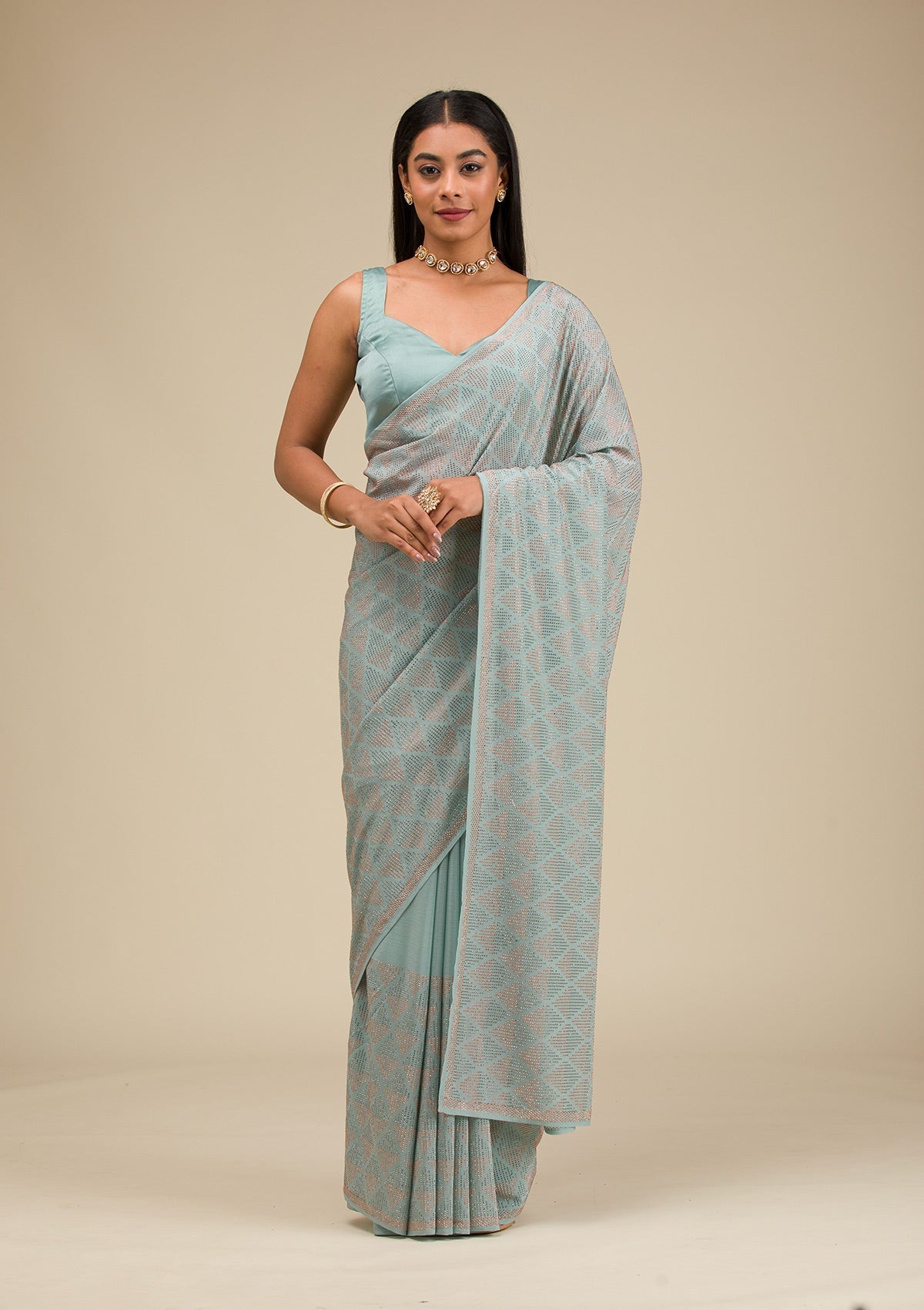 Sea Green Stonework Georgette Saree