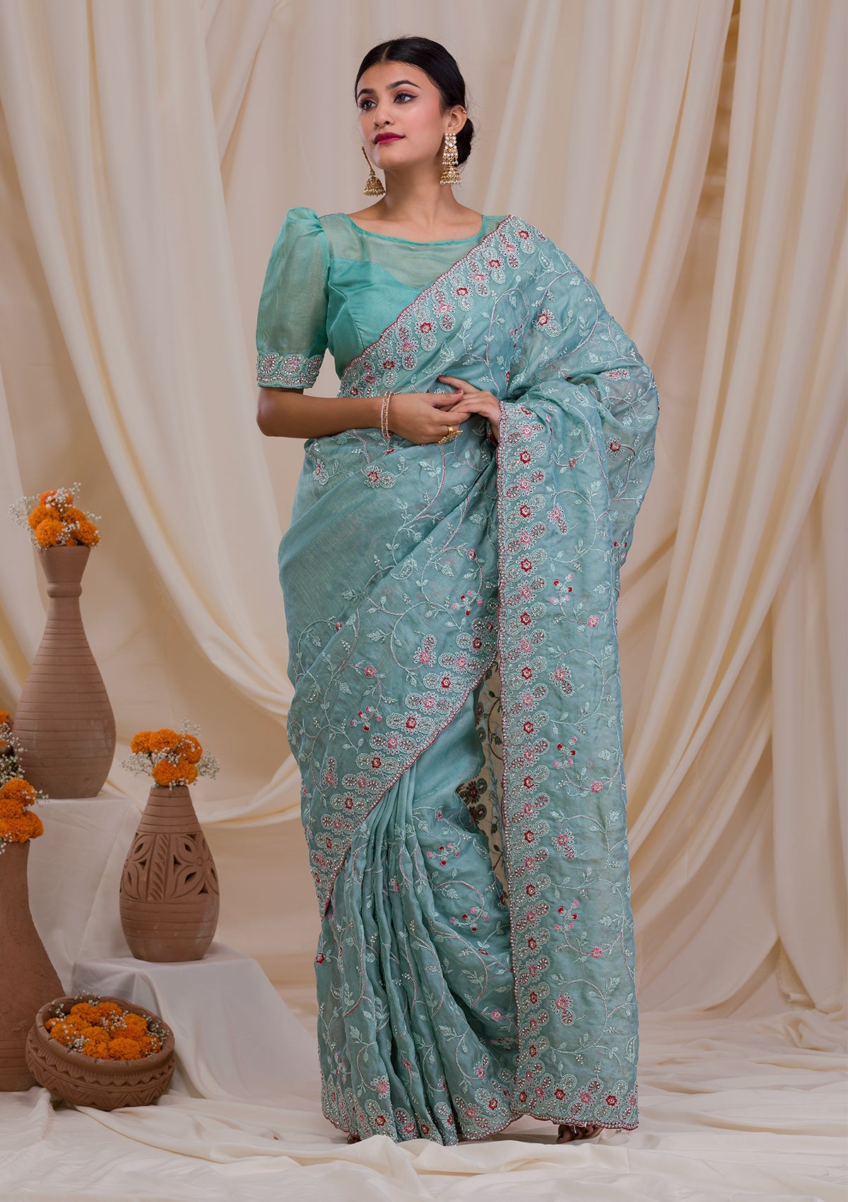 Sea Green Stonework Net Saree
