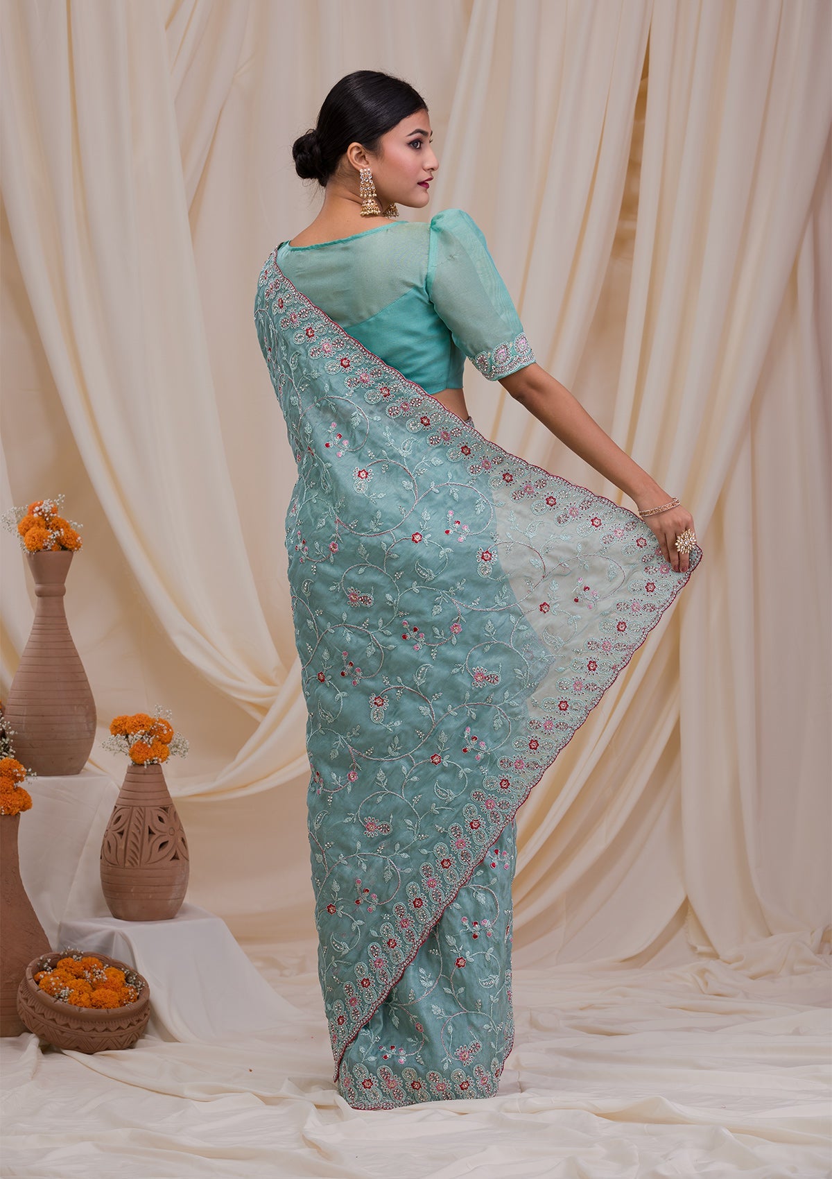 Sea Green Stonework Net Saree