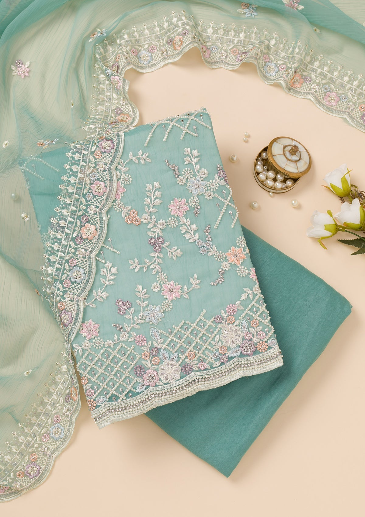 Sea Green Stonework Semi Crepe Unstitched Salwar Suit