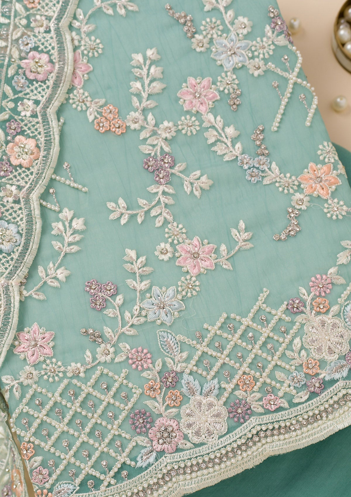 Sea Green Stonework Semi Crepe Unstitched Salwar Suit